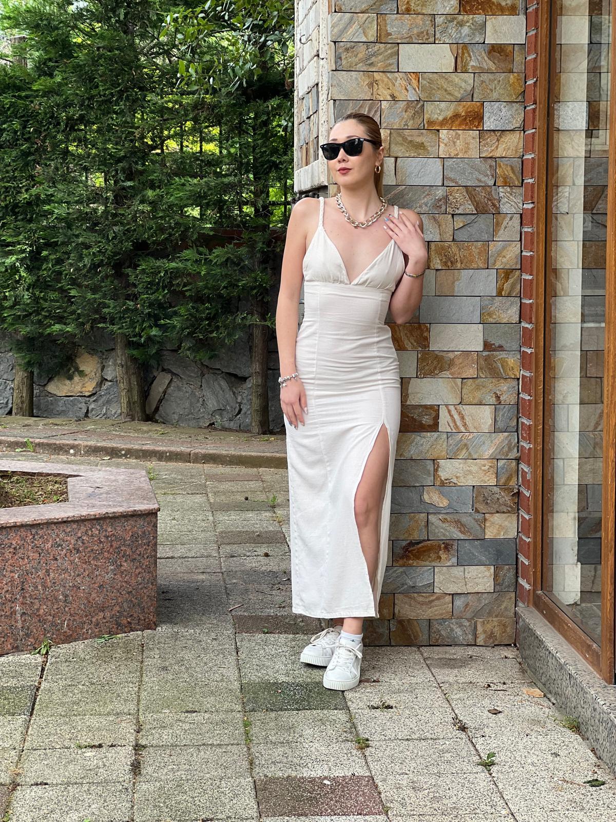 Askılı Keten Elbise 4201 Taş