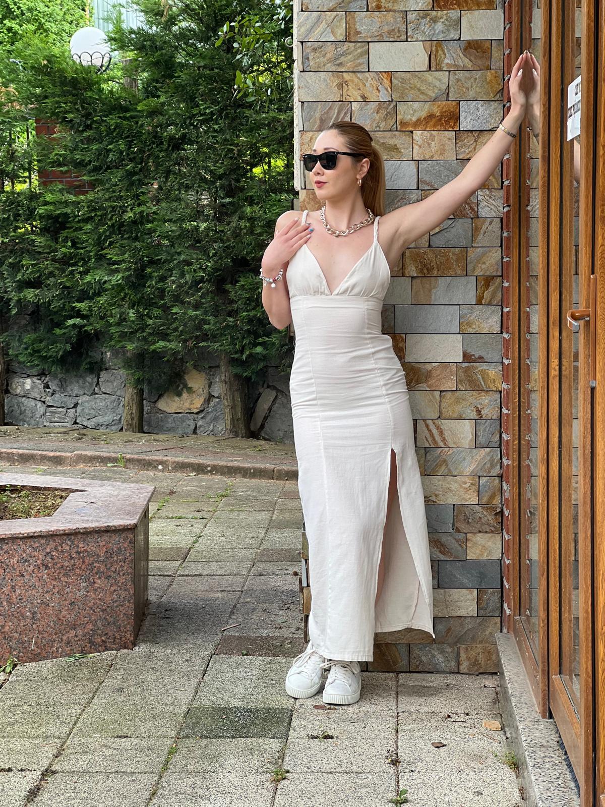 Askılı Keten Elbise 4201 Taş