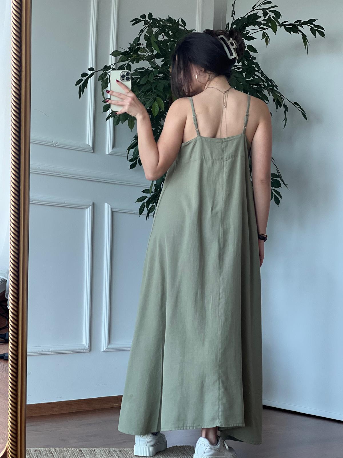 Askılı Keten Elbise 5636 Haki