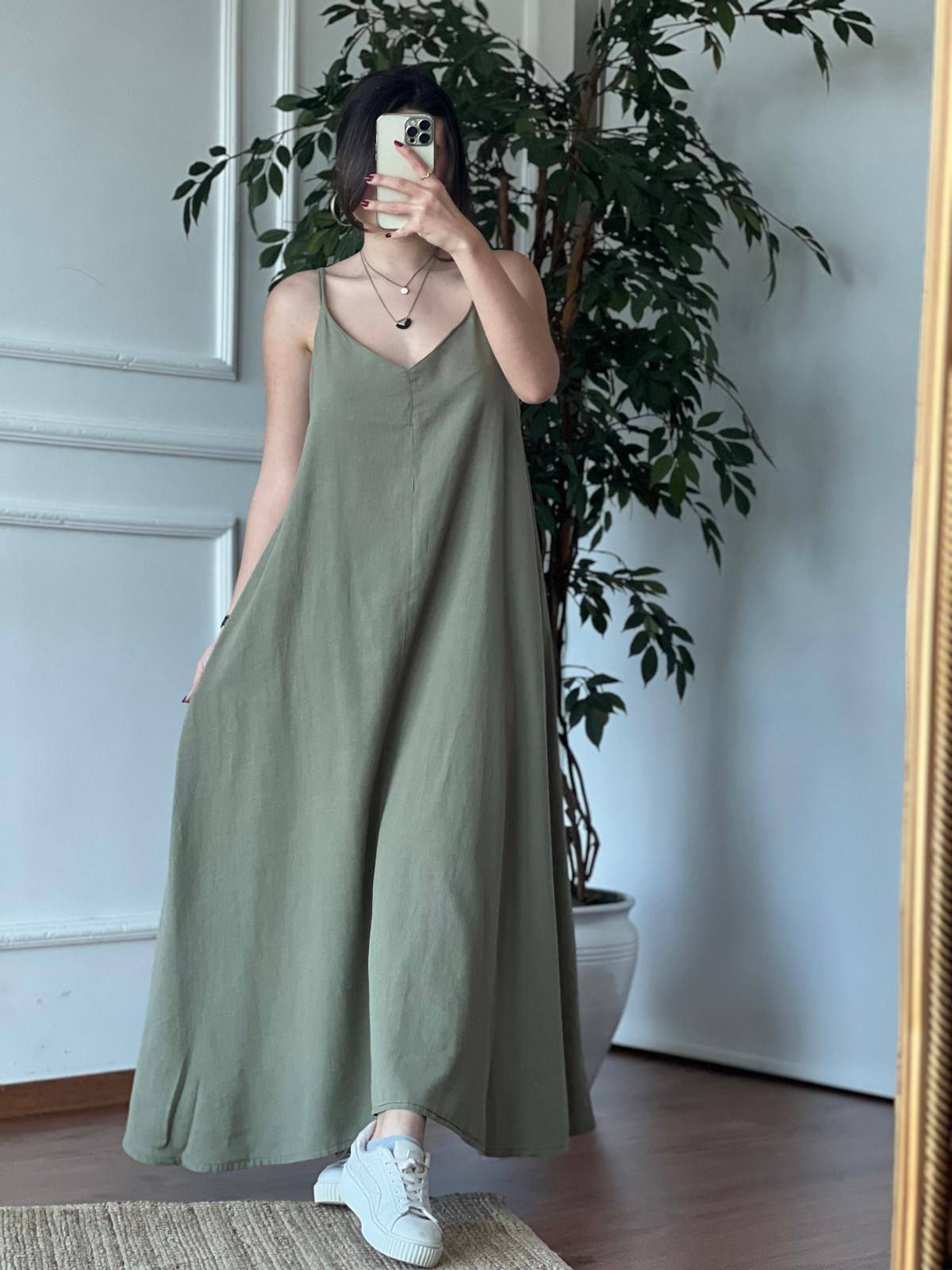 Askılı Keten Elbise 5636 Haki