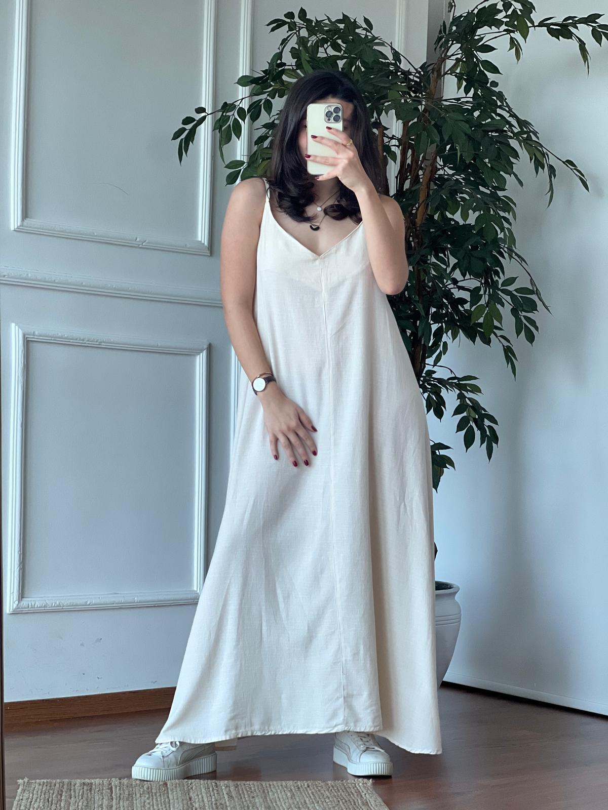 Askılı Keten Elbise 5636 Taş