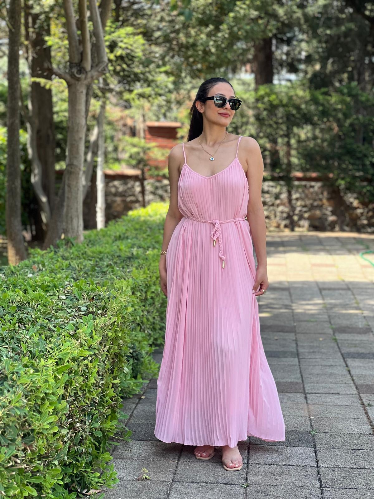 Askılı Pliseli Elbise 2416297 Pembe