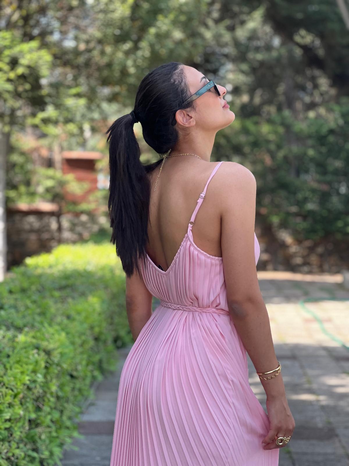 Askılı Pliseli Elbise 2416297 Pembe