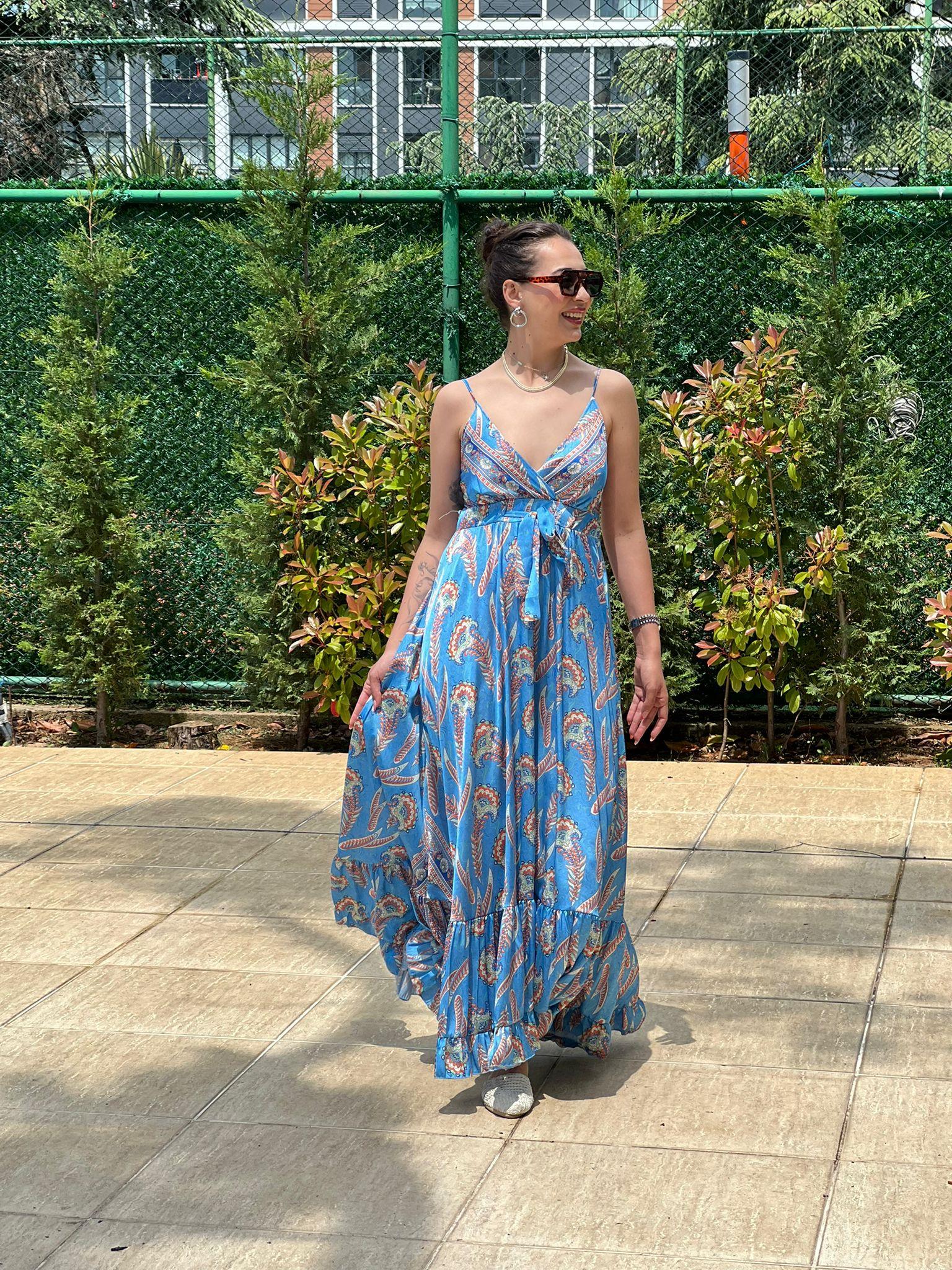 Askılı Saten Elbise 36095 Mavi