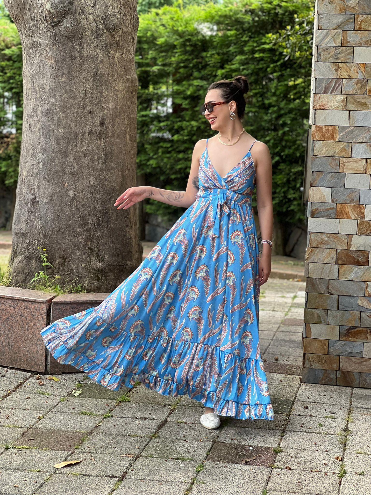 Askılı Saten Elbise 36095 Mavi