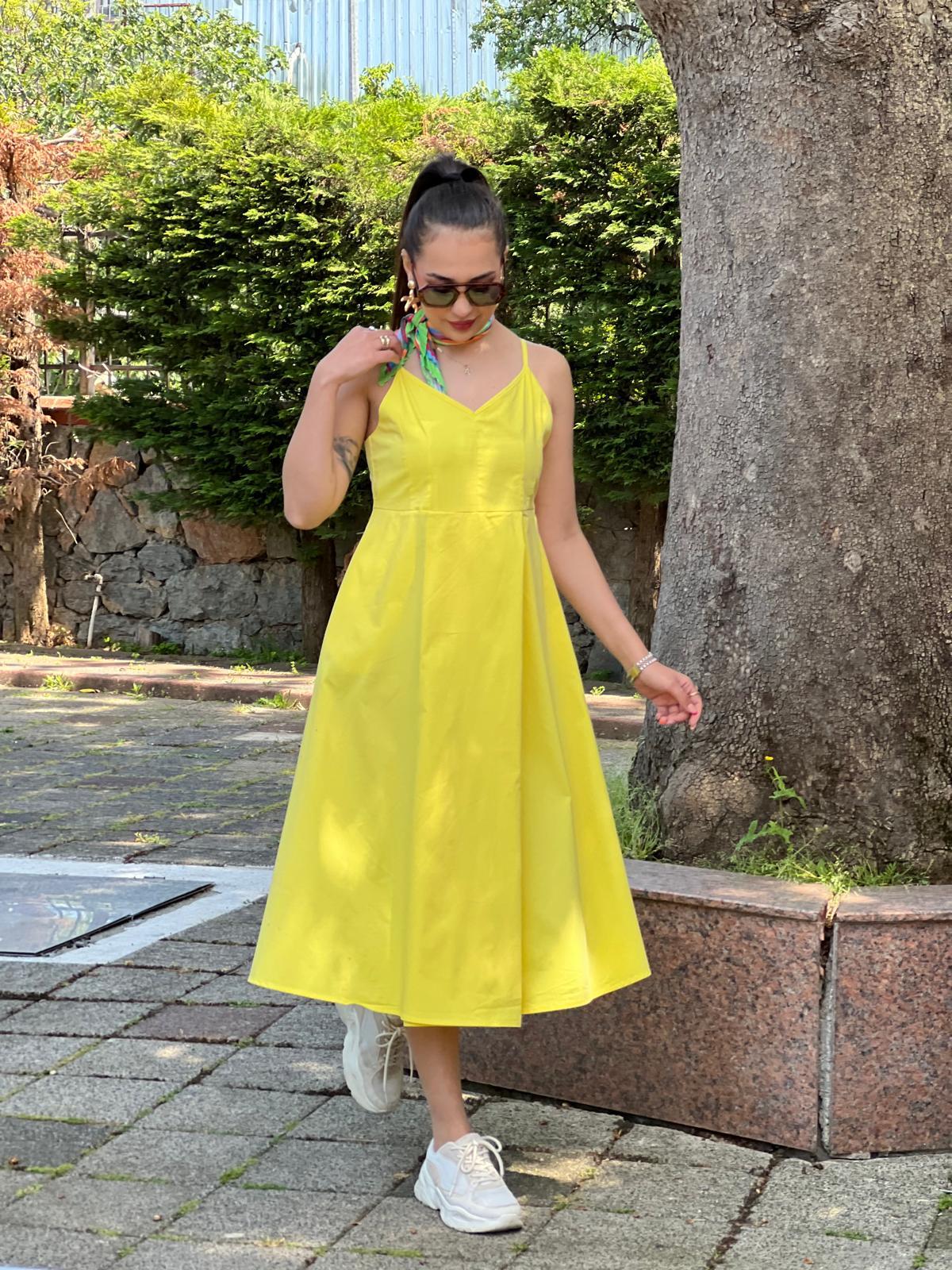 Askılı V Yaka Elbise 28773 Sarı