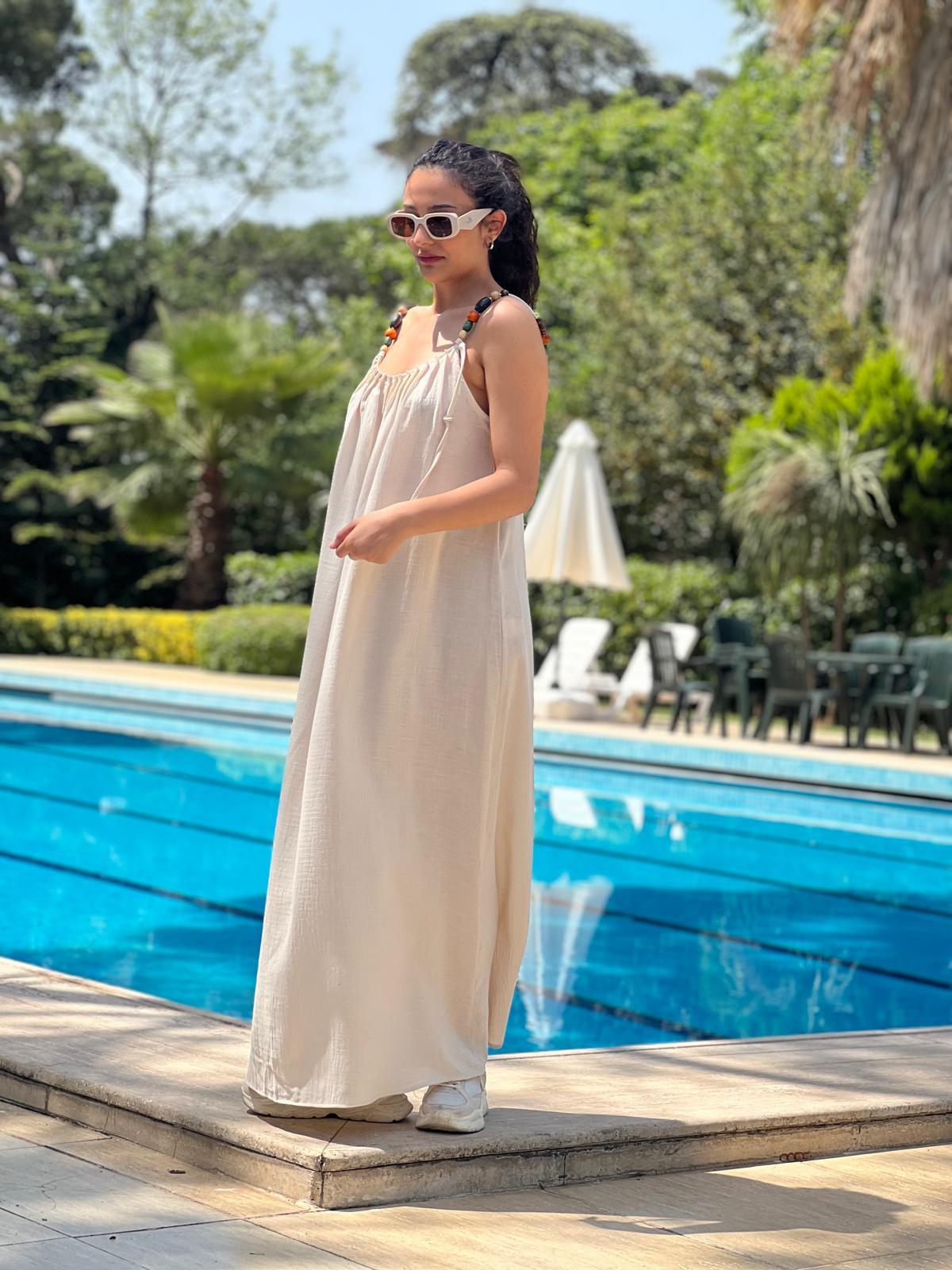 Askısı Boncuklu Elbise 24190 Bej