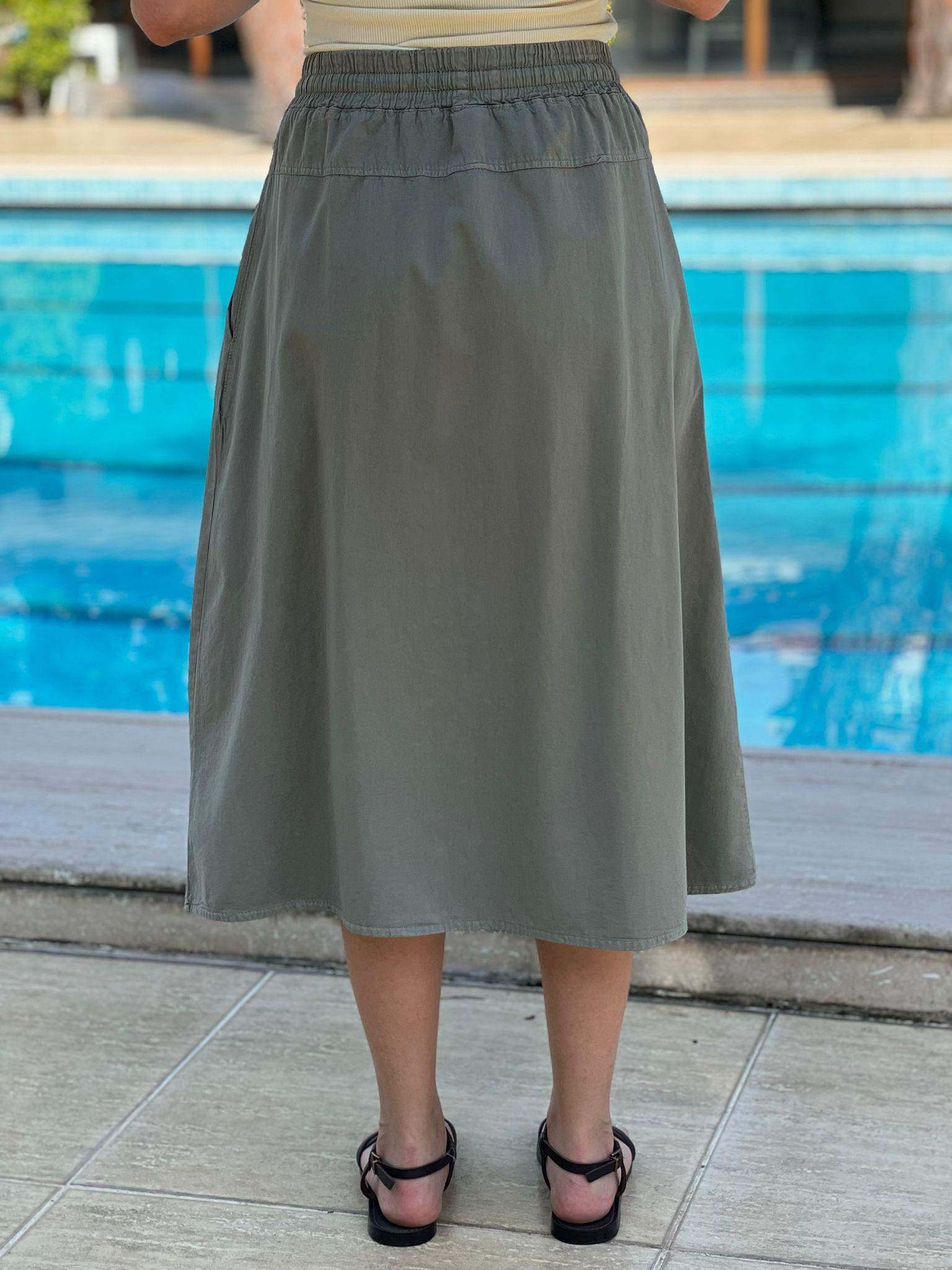 Bağcıklı Beli Lastikli Midi Boy Etek 4348-6698 Açık Haki