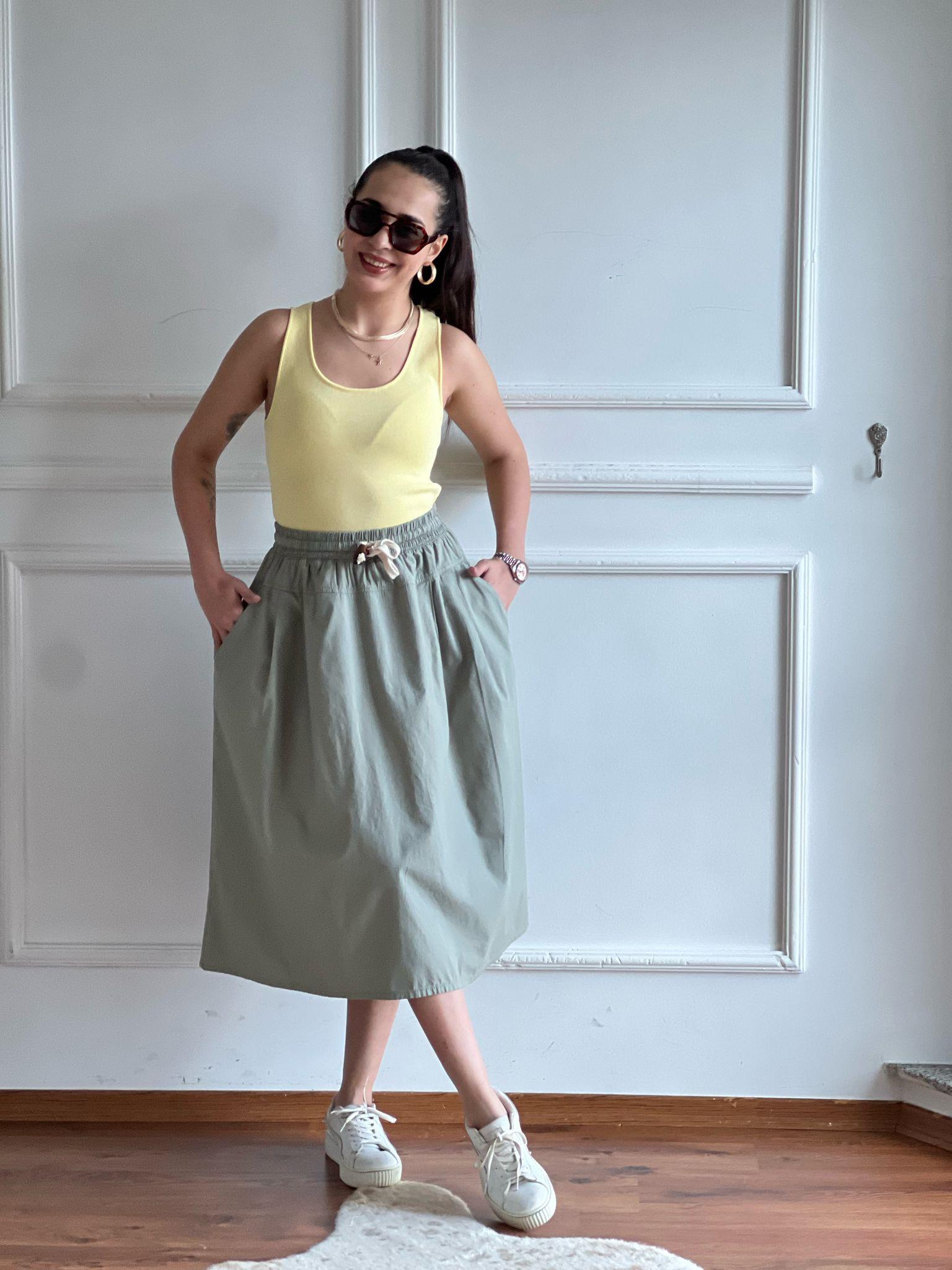 Bağcıklı Beli Lastikli Midi Boy Etek 4348-6698 Açık Haki