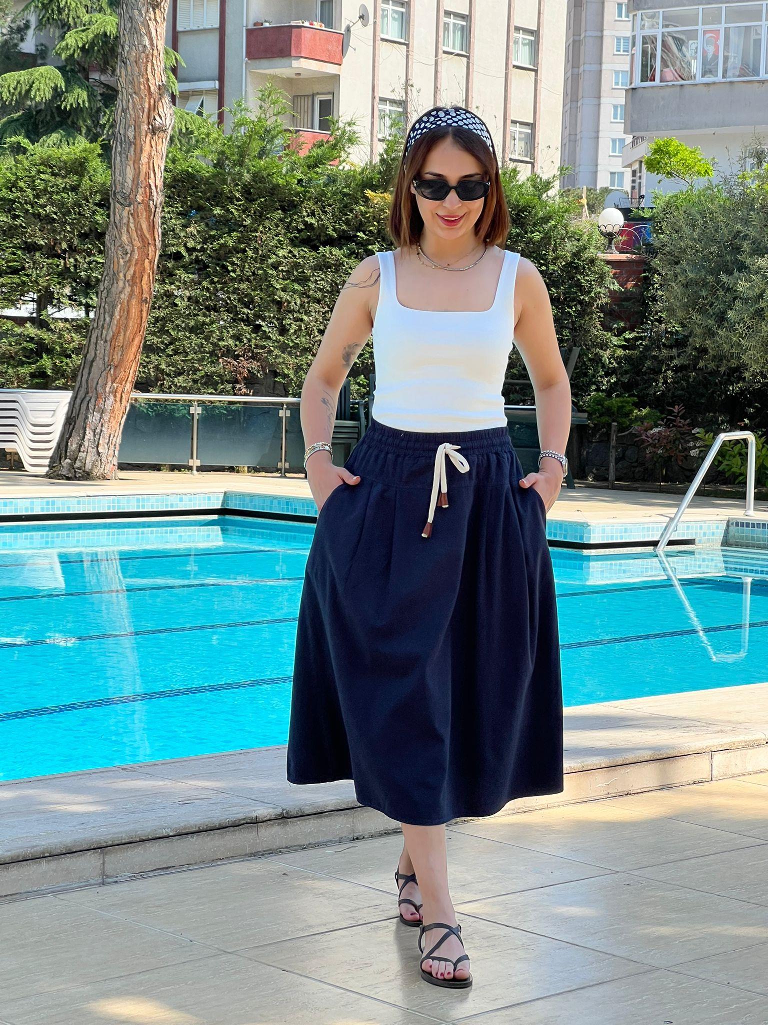 Bağcıklı Beli Lastikli Midi Boy Etek 4348-6698 Lacivert