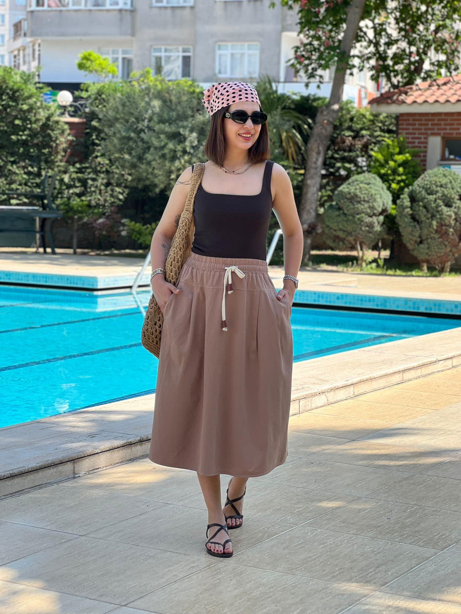 Bağcıklı Beli Lastikli Midi Boy Etek 4348-6698 Vizon