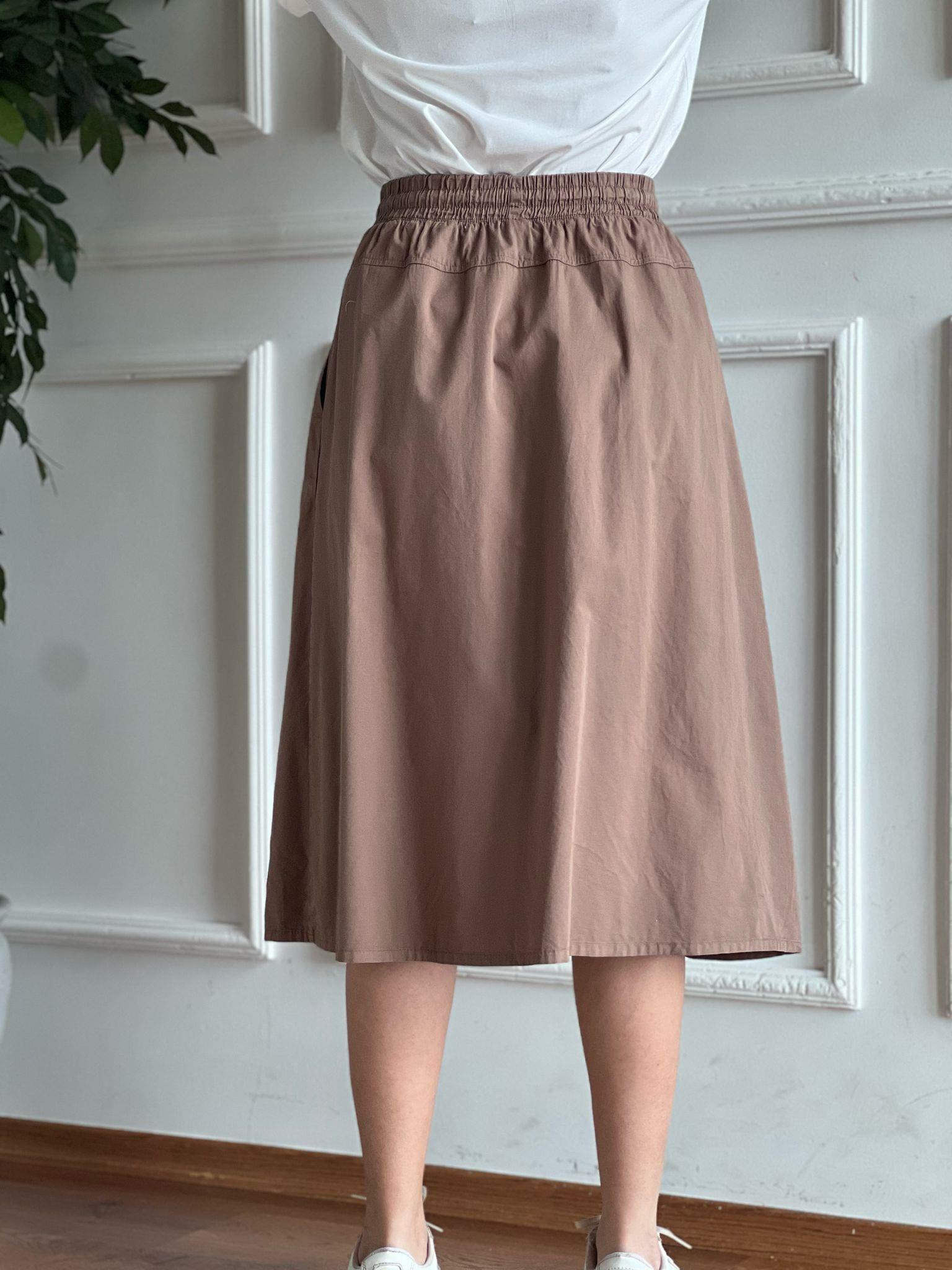 Bağcıklı Beli Lastikli Midi Boy Etek 4348-6698 Kahverengi