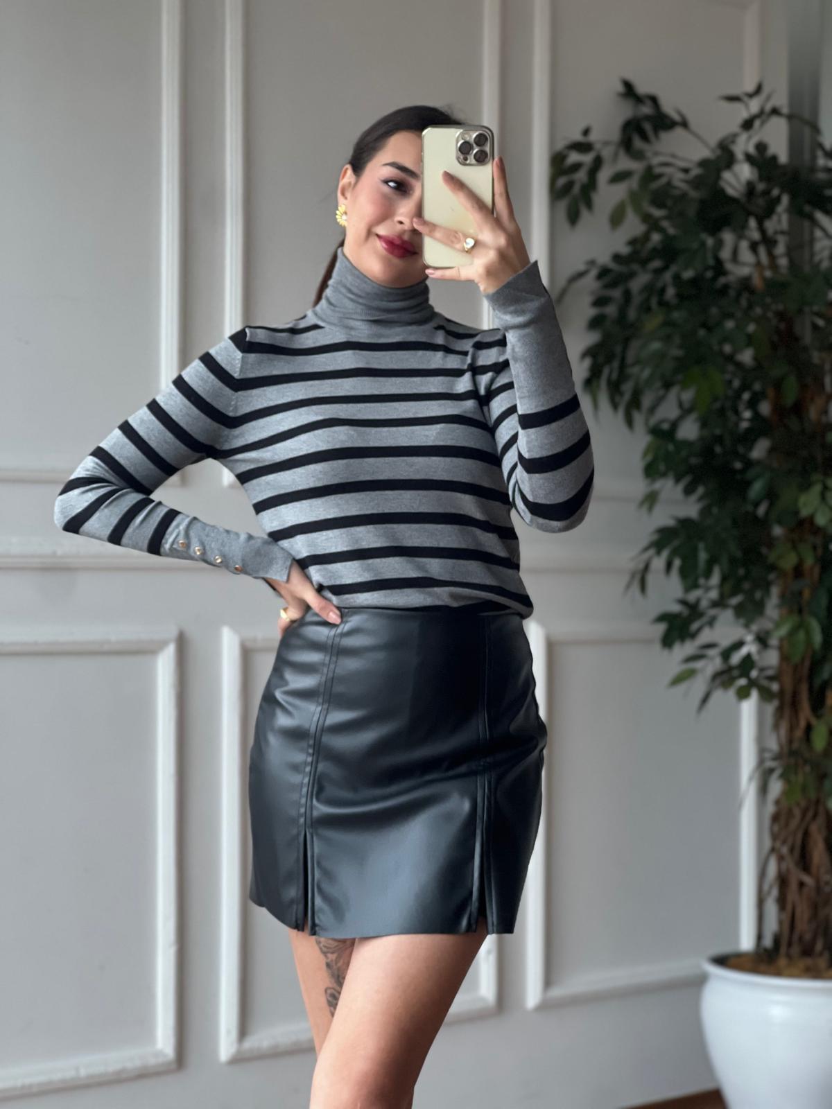 Balıkçı Yaka Çizgili Droplu Triko 10432 Füme