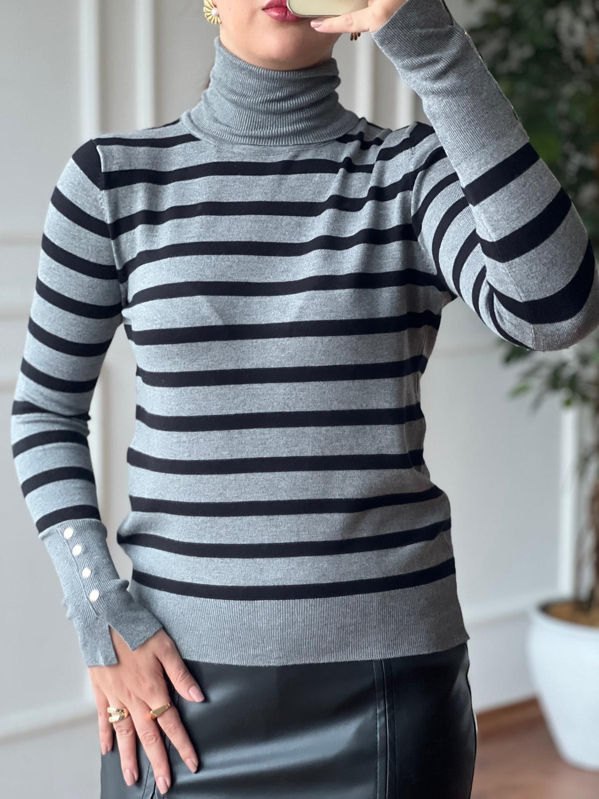 Balıkçı Yaka Çizgili Droplu Triko 10432 Füme
