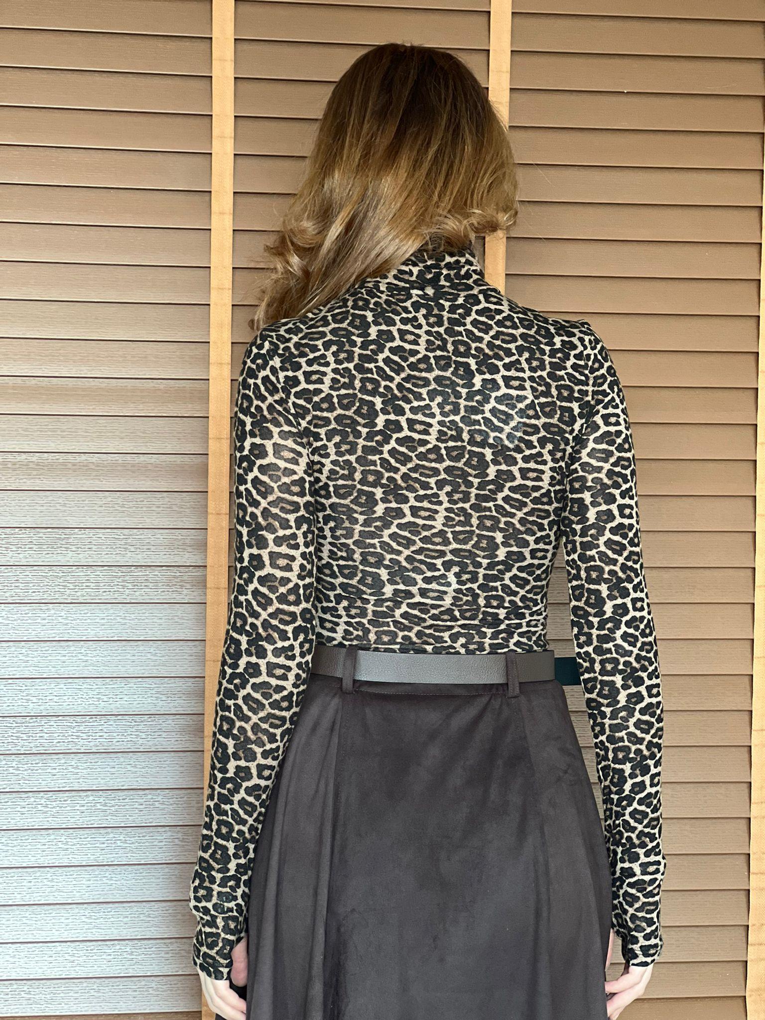 Balıkçı Yaka Leopar Desen Bluz 32321 Kahverengi