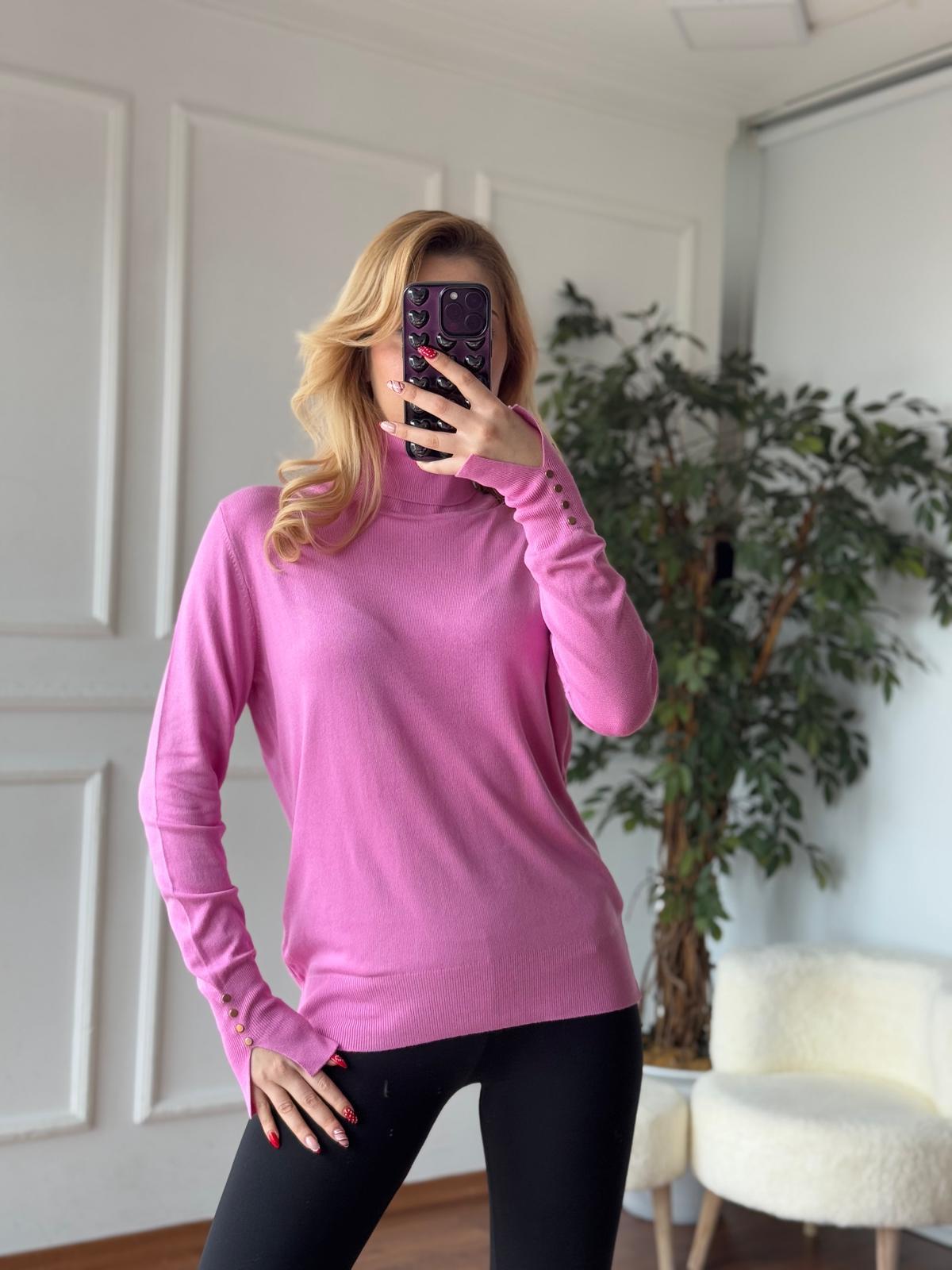 Balıkçı Yaka Manşetleri Çıtçıtlı Triko 3315 Pembe