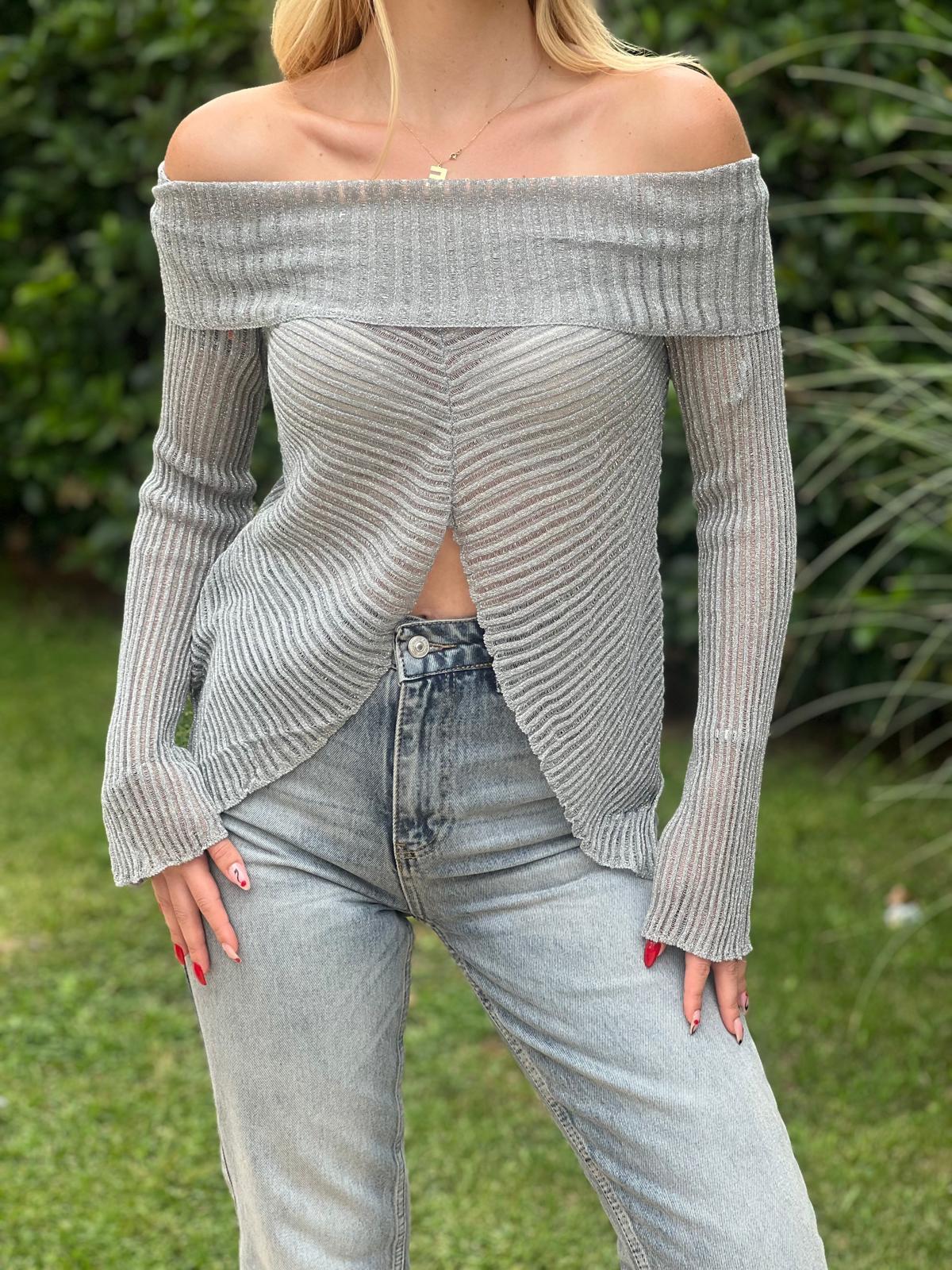 Bardot Yaka Ajurlu Triko Kazak 10585 Gri