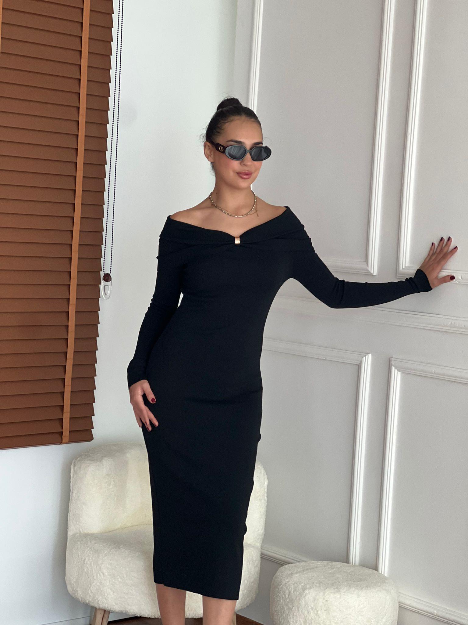 Bardot Yaka Aksesuar Detaylı Triko Elbise 90261 Siyah