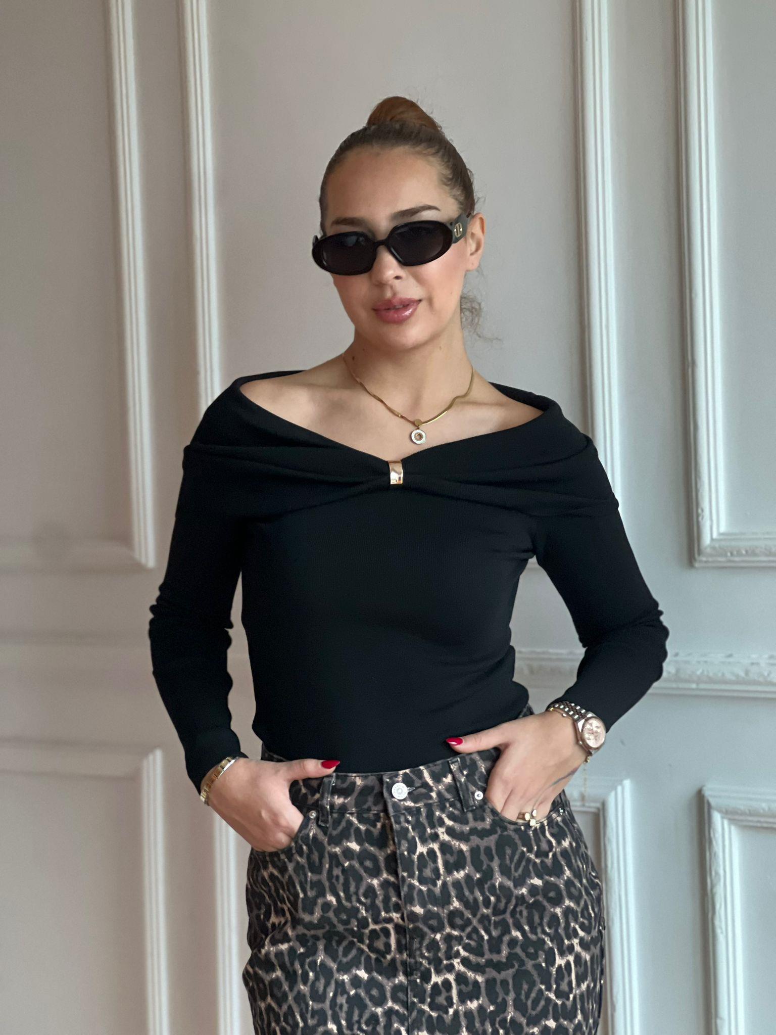 Bardot Yaka Aksesuarlı Triko Bluz 10820 Siyah