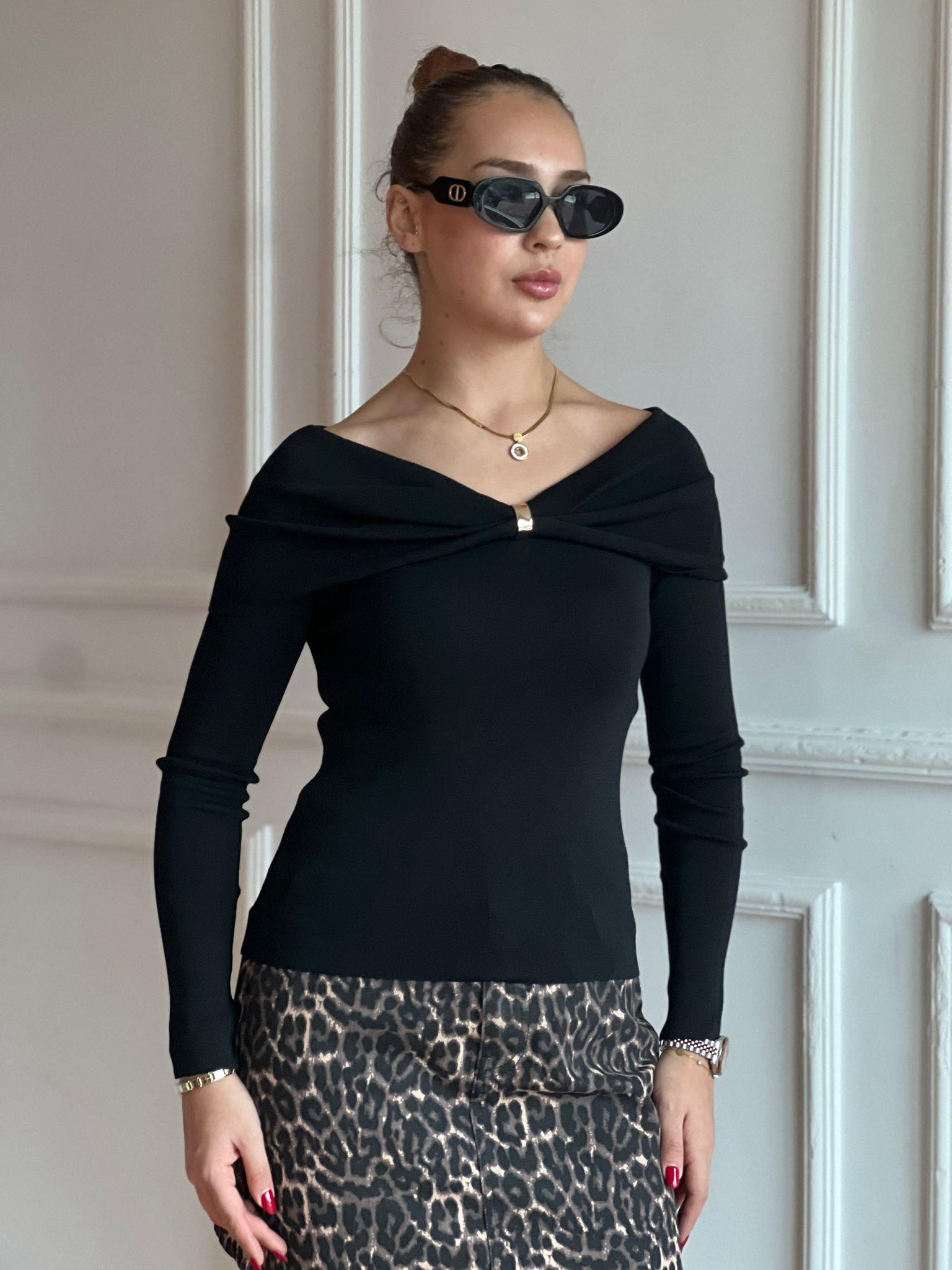 Bardot Yaka Aksesuarlı Triko Bluz 10820 Siyah