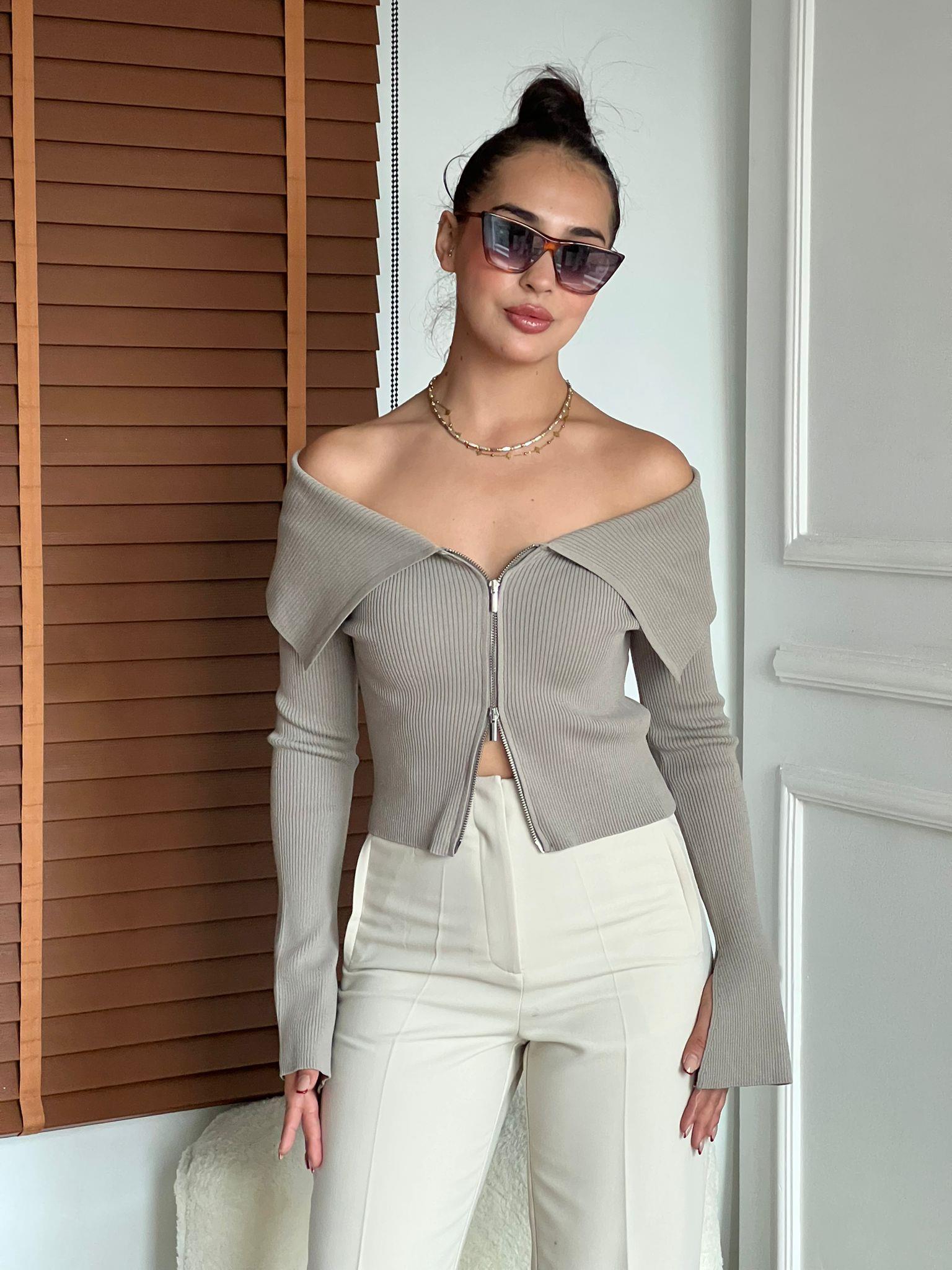 Bardot Yaka Kol Yırtmaçlı Fermuarlı Triko Hırka 60252 Vizon