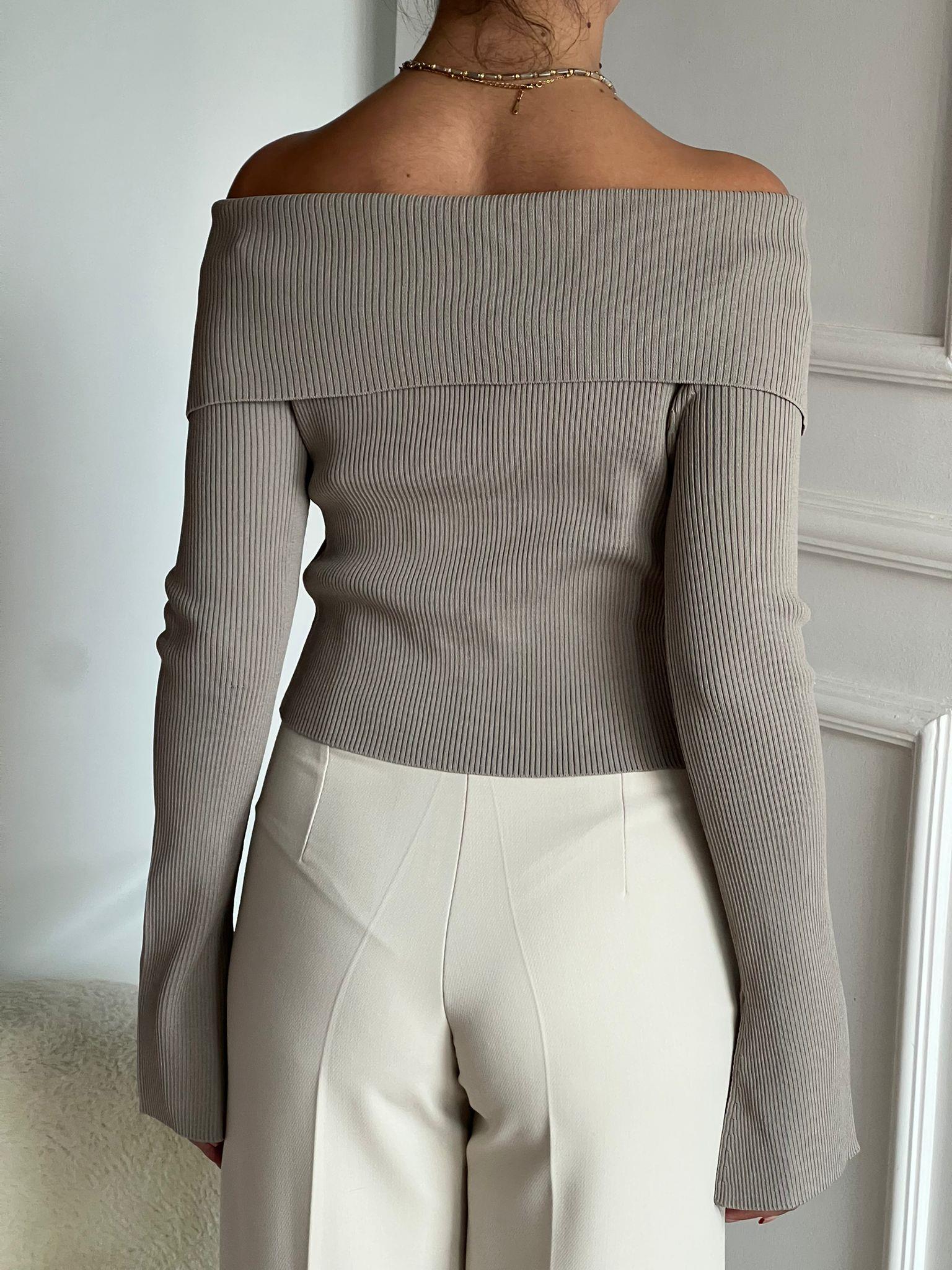 Bardot Yaka Kol Yırtmaçlı Fermuarlı Triko Hırka 60252 Vizon