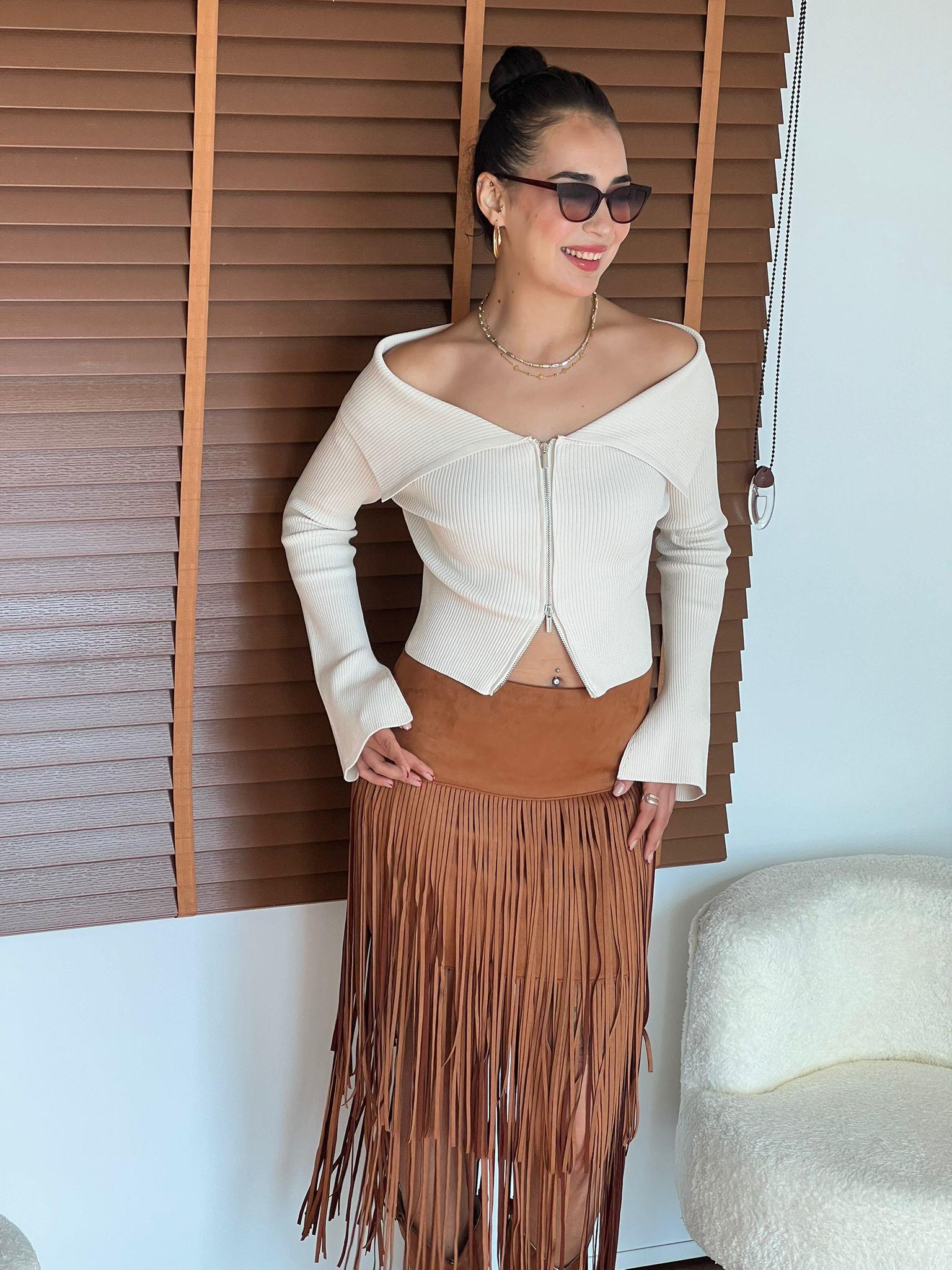 Bardot Yaka Kol Yırtmaçlı Fermuarlı Triko Hırka 60252 Açık Bej