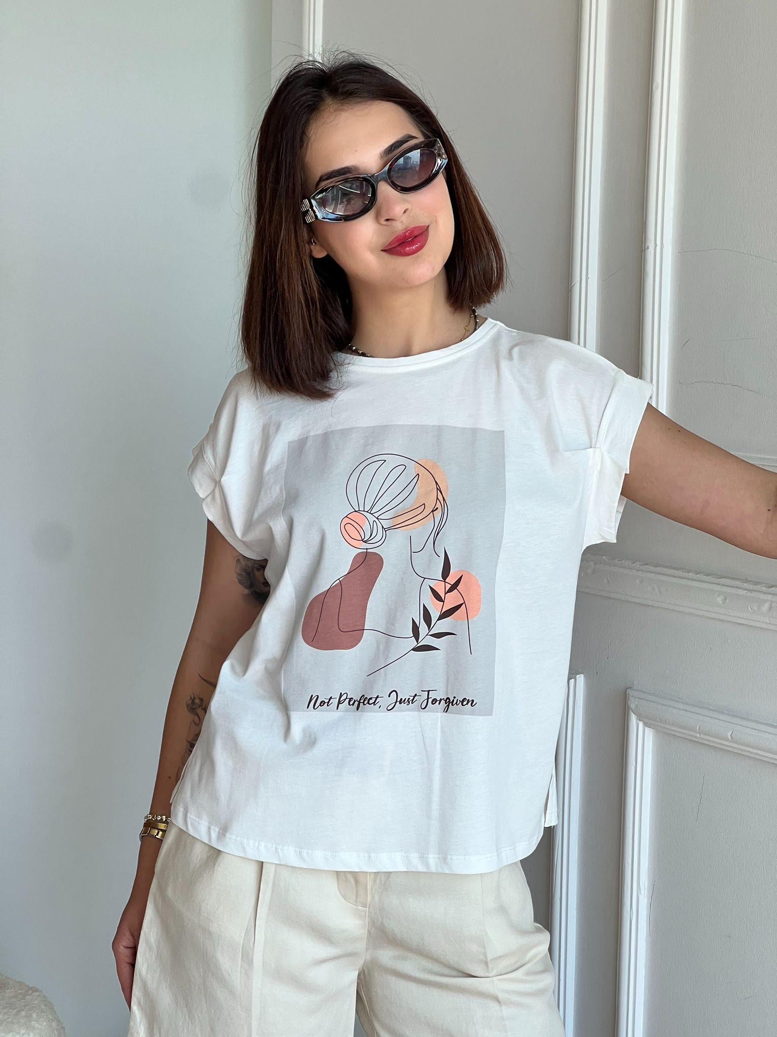 Baskılı Tshirt 29572 Ekru