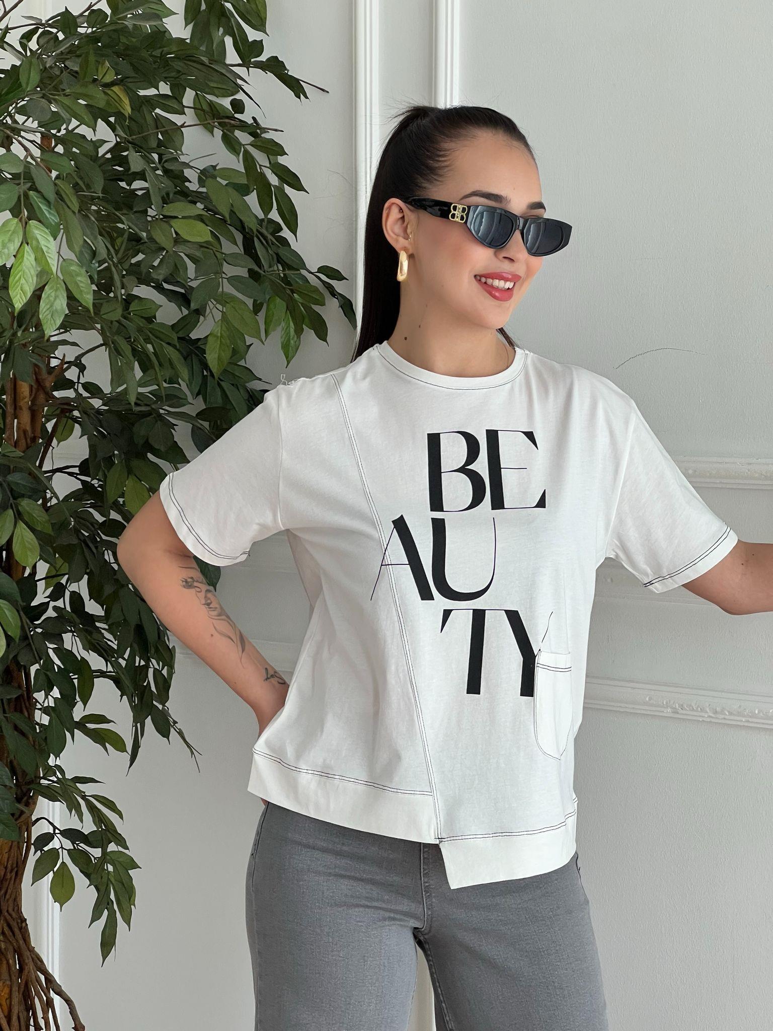 Beauty Basklı Tshirt 28445 Beyaz