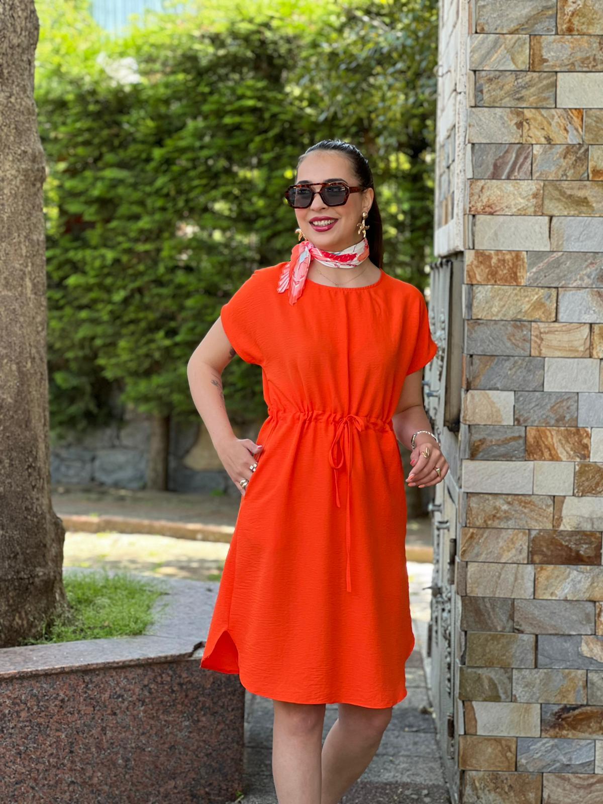 Beli Büzgülü Cepli Elbise 26090 Nar Çiçeği