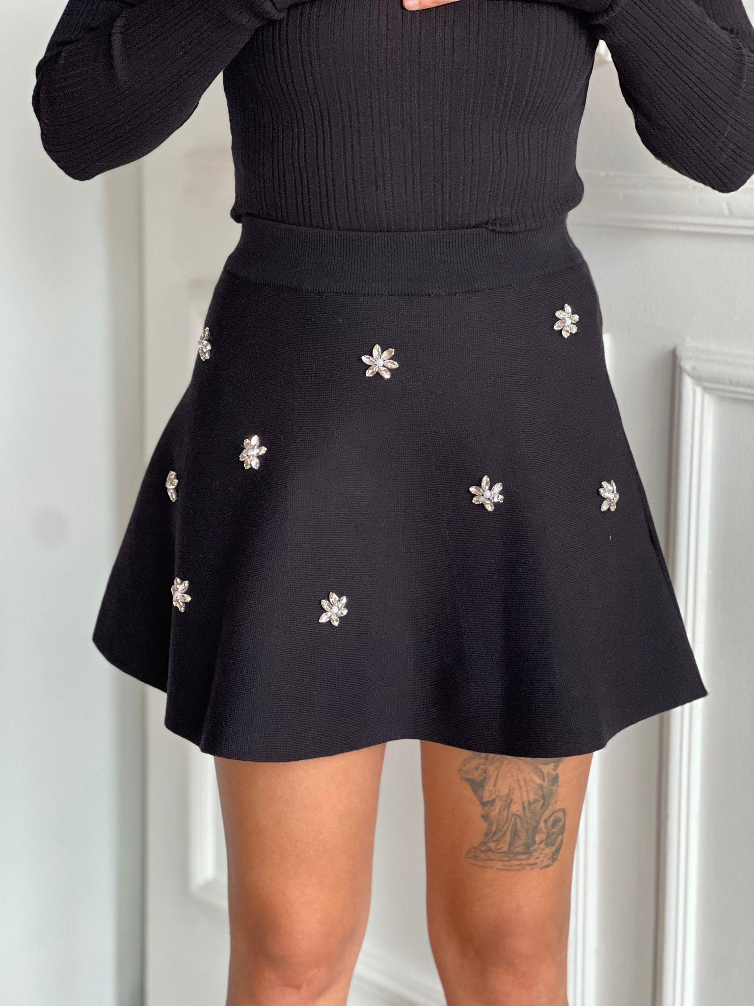 Beli Lastikli Nakışlı Taşlı Triko Etek 80119 Siyah