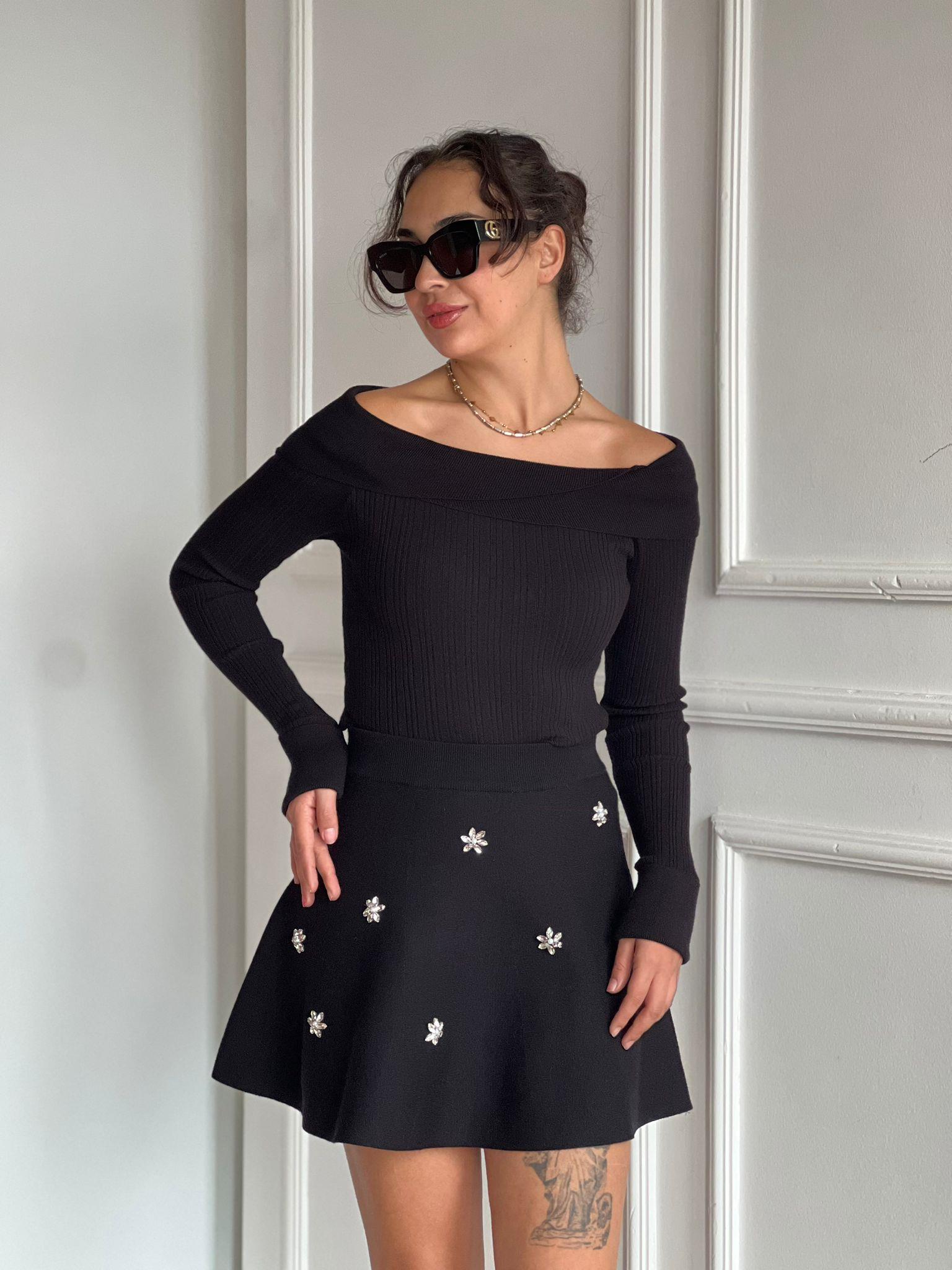 Beli Lastikli Nakışlı Taşlı Triko Etek 80119 Siyah