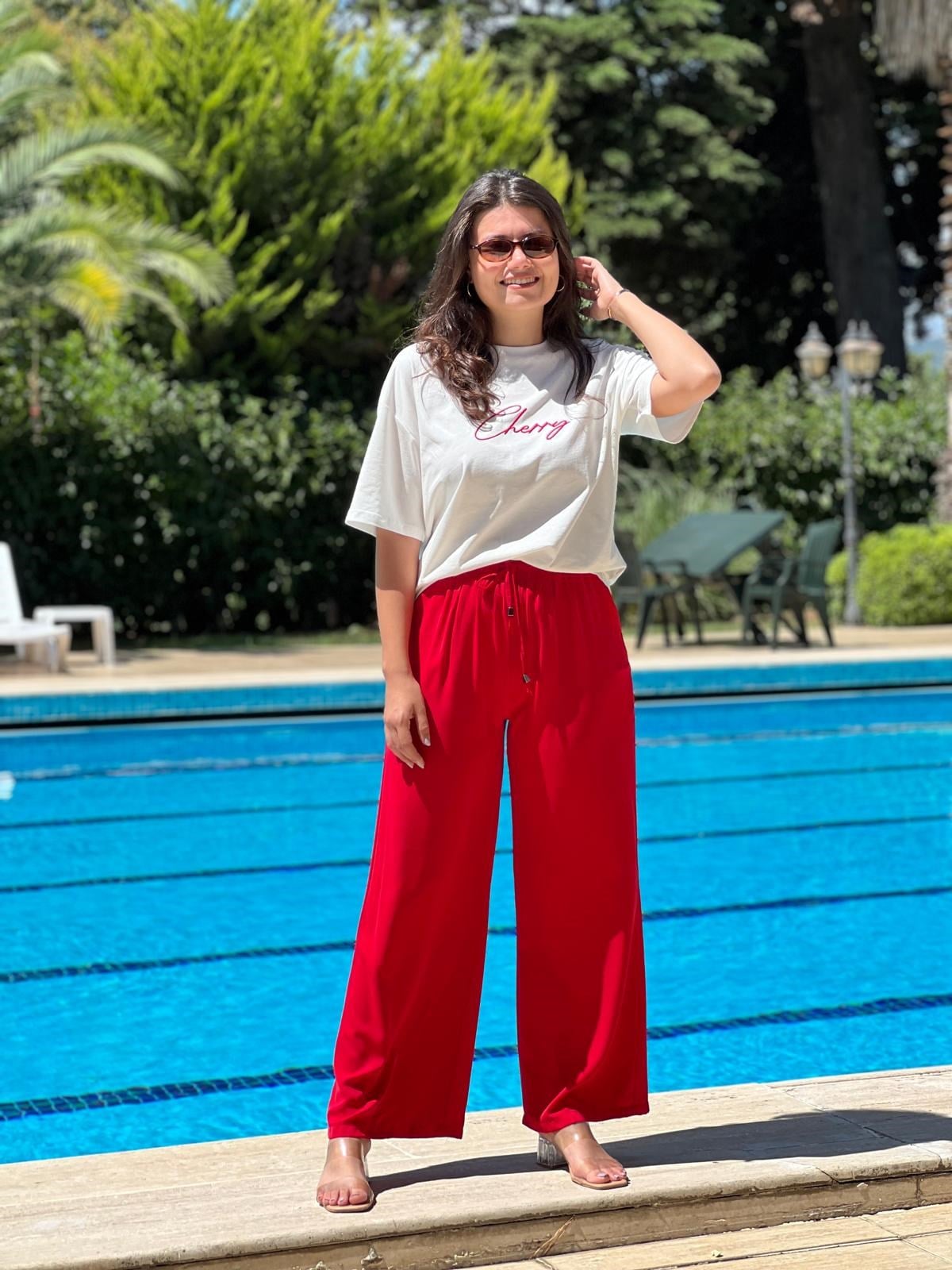 Beli Lastikli Palazzo Pantolon 70858 Kırmızı