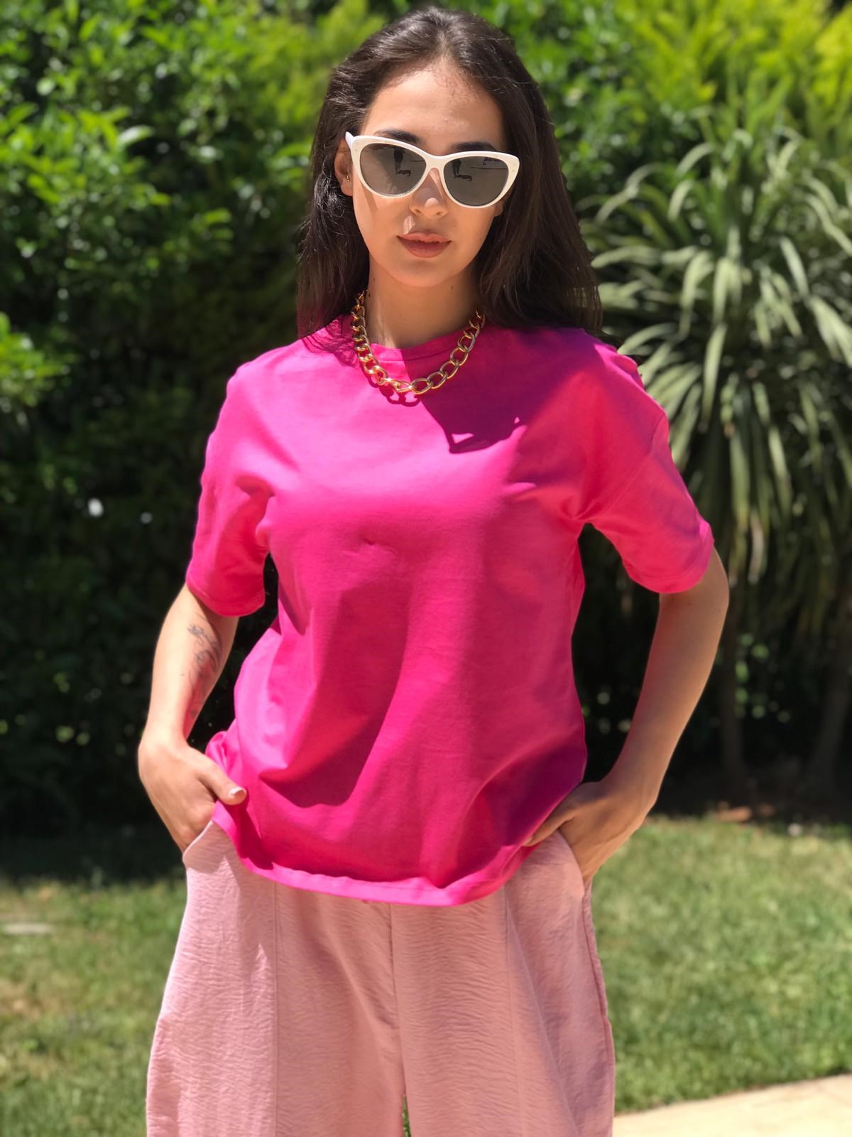 Bisiklet Yaka Basic Tshirt 3683 Fuşya