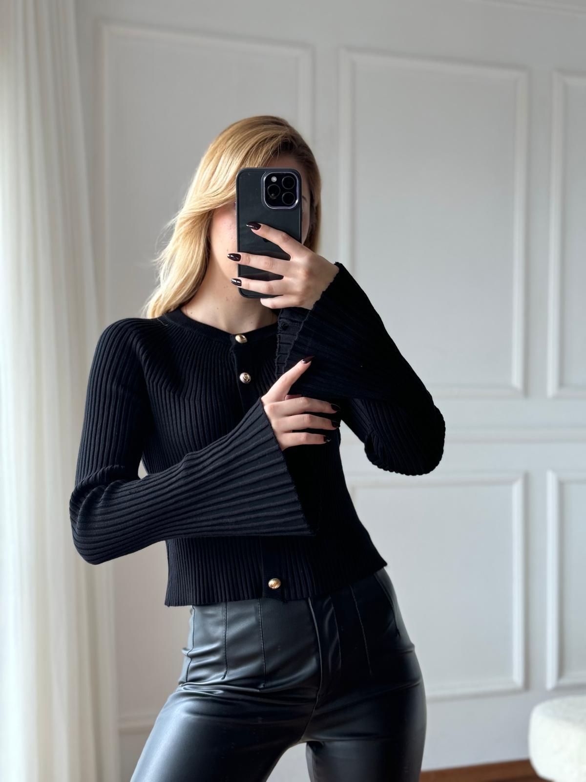 Bisiklet Yaka Düğmeli İspanyol Kol Triko Hırka 60246 Siyah