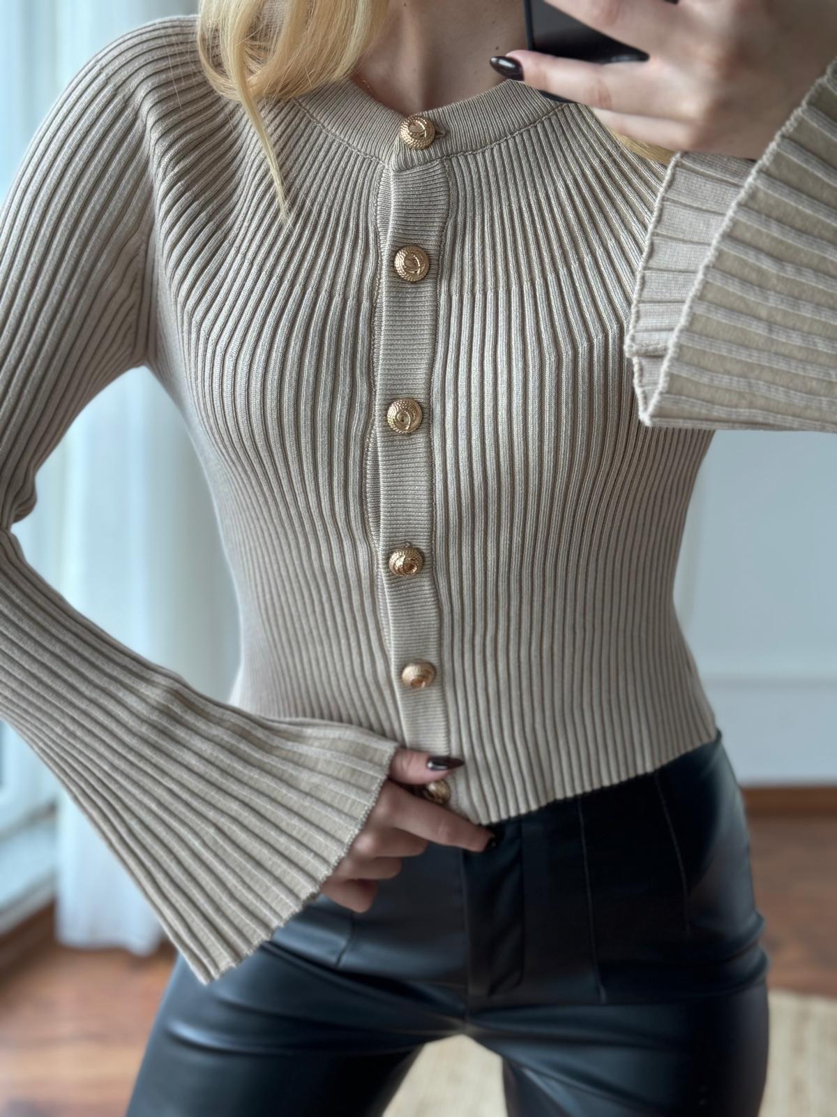 Bisiklet Yaka Düğmeli İspanyol Kol Triko Hırka 60246 Açık Bej