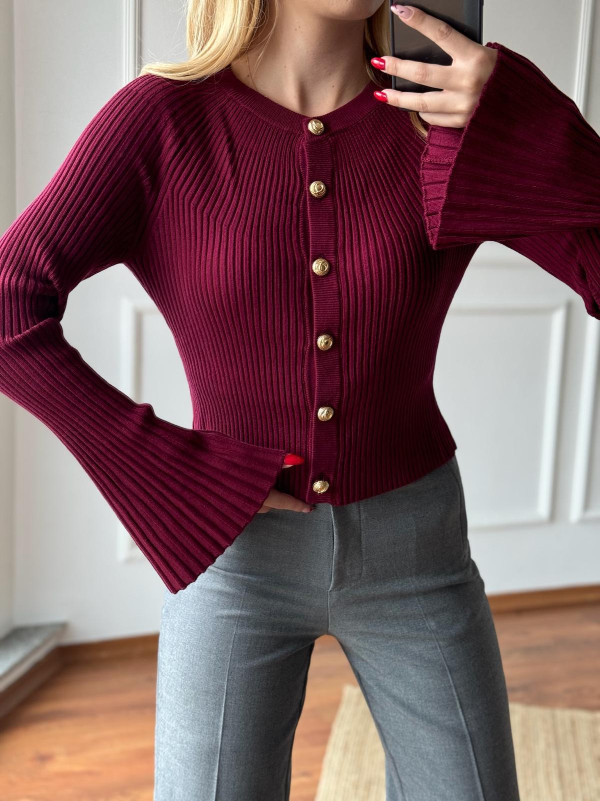 Bisiklet Yaka Düğmeli İspanyol Kol Triko Hırka 60246 Bordo