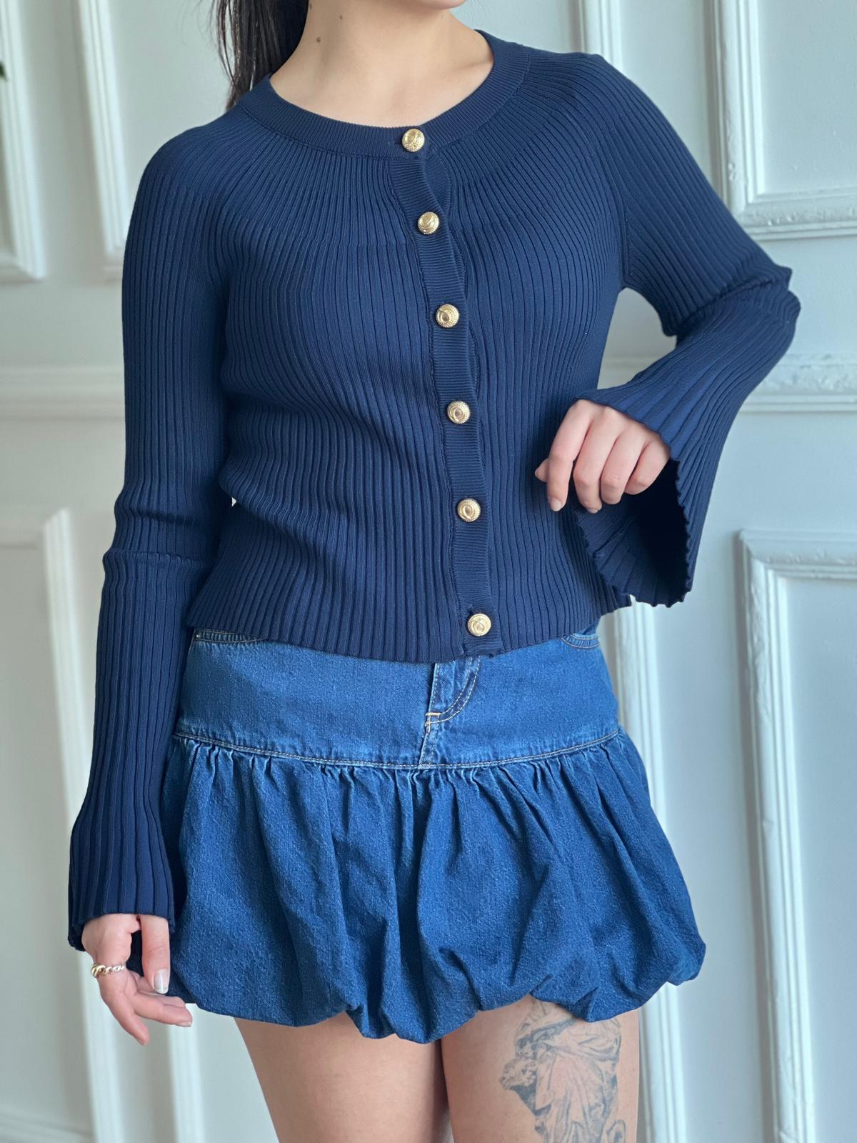 Bisiklet Yaka Düğmeli İspanyol Kol Triko Hırka 60246 Lacivert