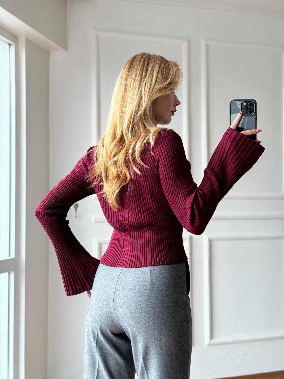 Bisiklet Yaka Düğmeli İspanyol Kol Triko Hırka 60246 Bordo