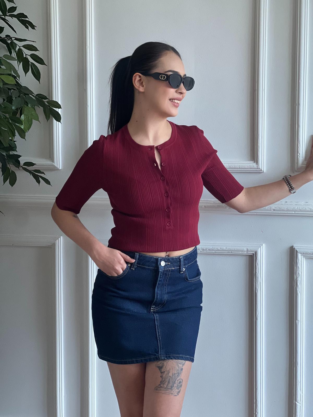 Bisiklet Yaka Fitilli İnce Triko Bluz 10731 Bordo