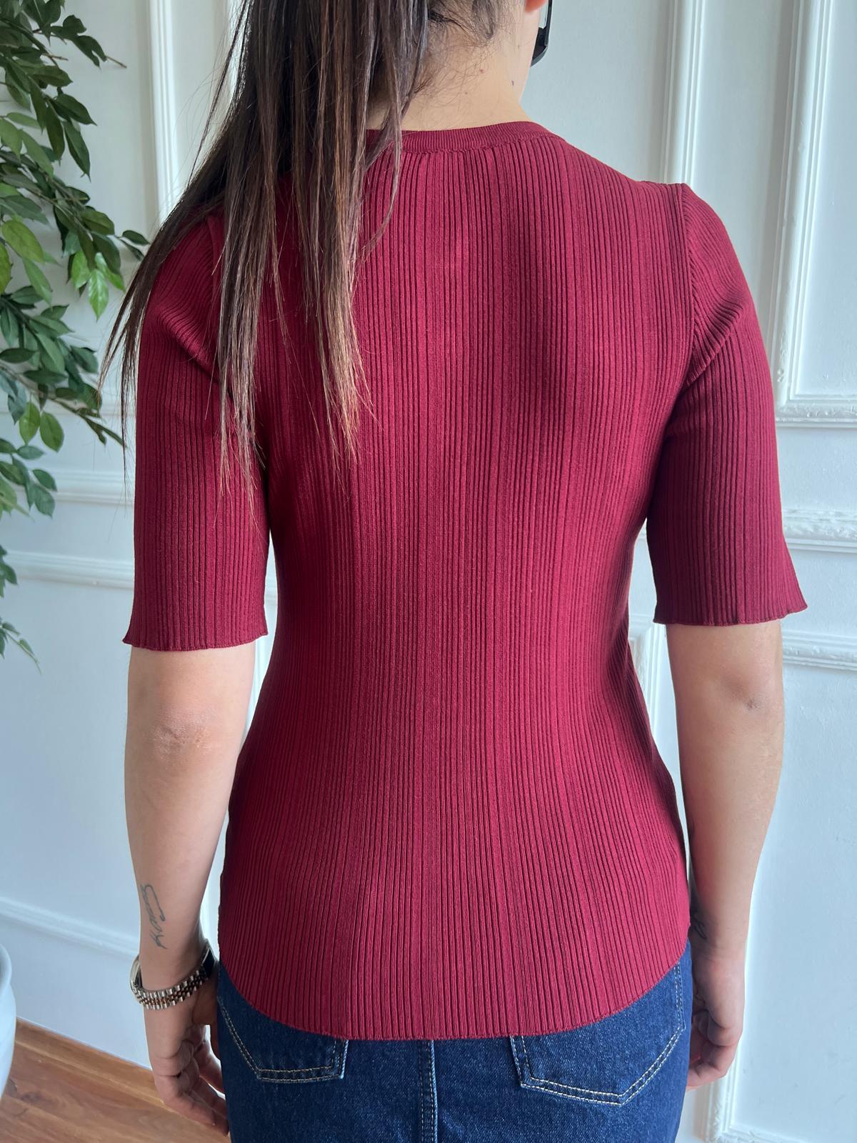 Bisiklet Yaka Fitilli İnce Triko Bluz 10731 Bordo