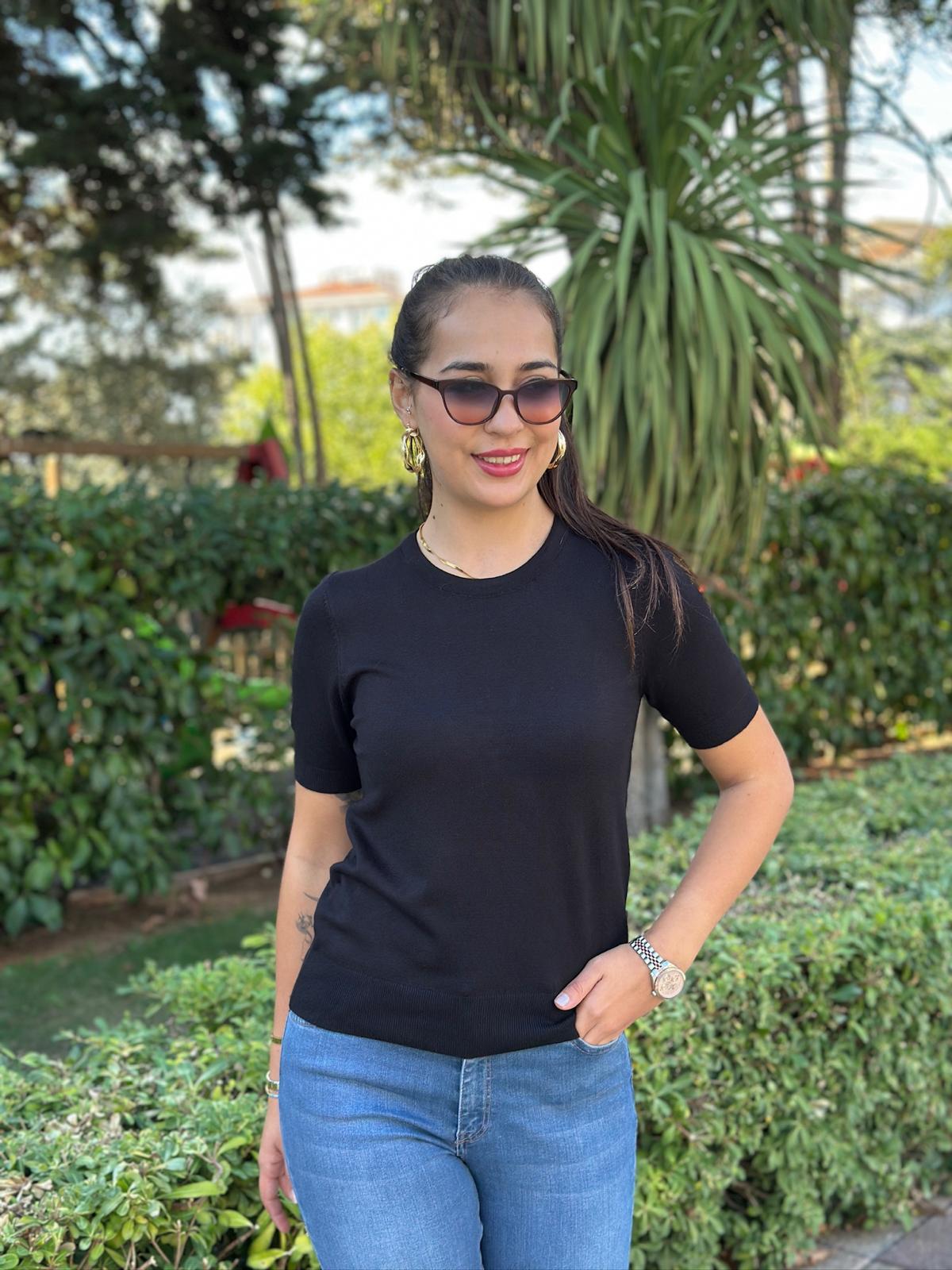 Bisiklet Yaka Kısa Kol Triko Bluz 10779 Siyah