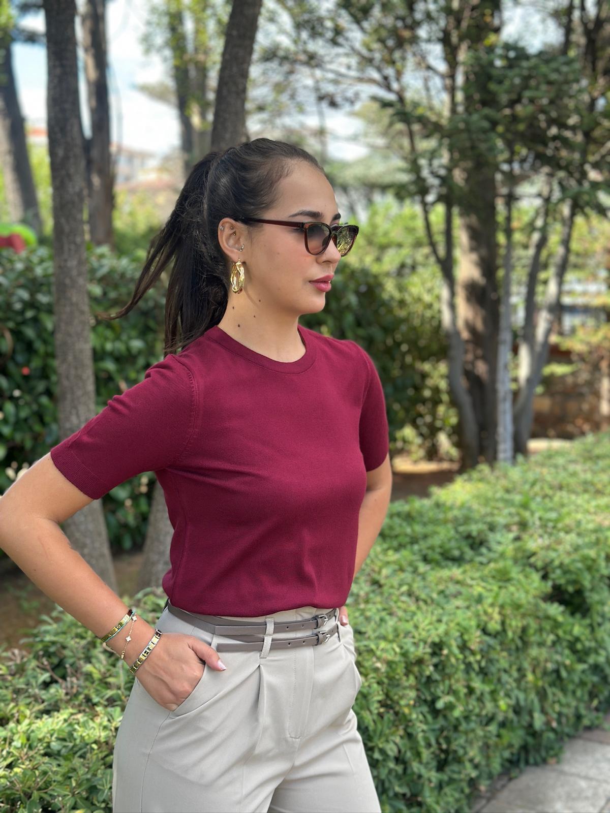 Bisiklet Yaka Kısa Kol Triko Bluz 10779 Bordo