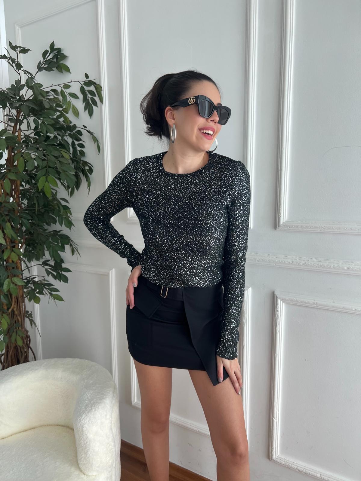 Bisiklet Yaka Pullu Astarlı Bluz 10699 Siyah