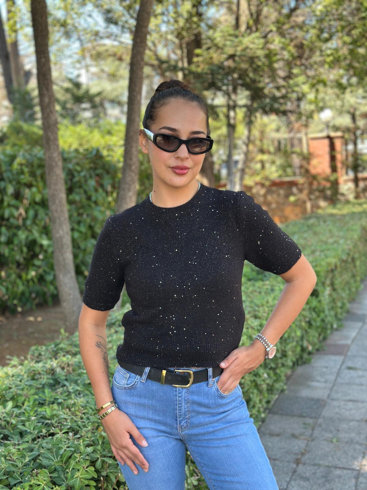 Bisiklet Yaka Pullu Simli Triko Kazak 10703 Siyah