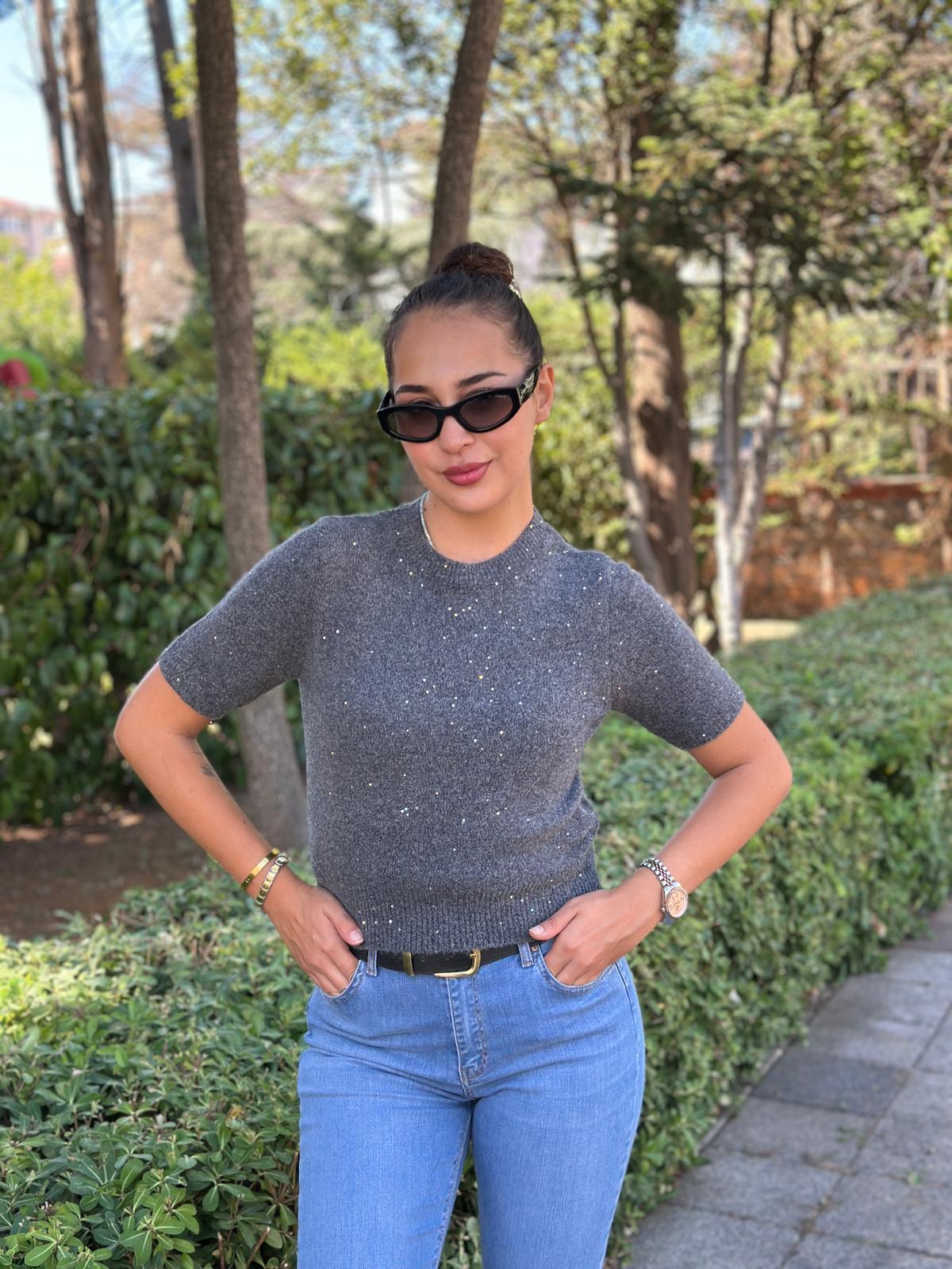 Bisiklet Yaka Pullu Simli Triko Kazak 10703 Füme