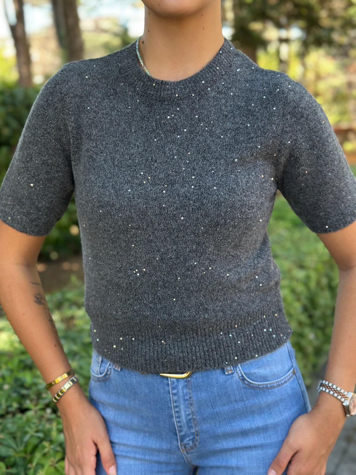 Bisiklet Yaka Pullu Simli Triko Kazak 10703 Füme