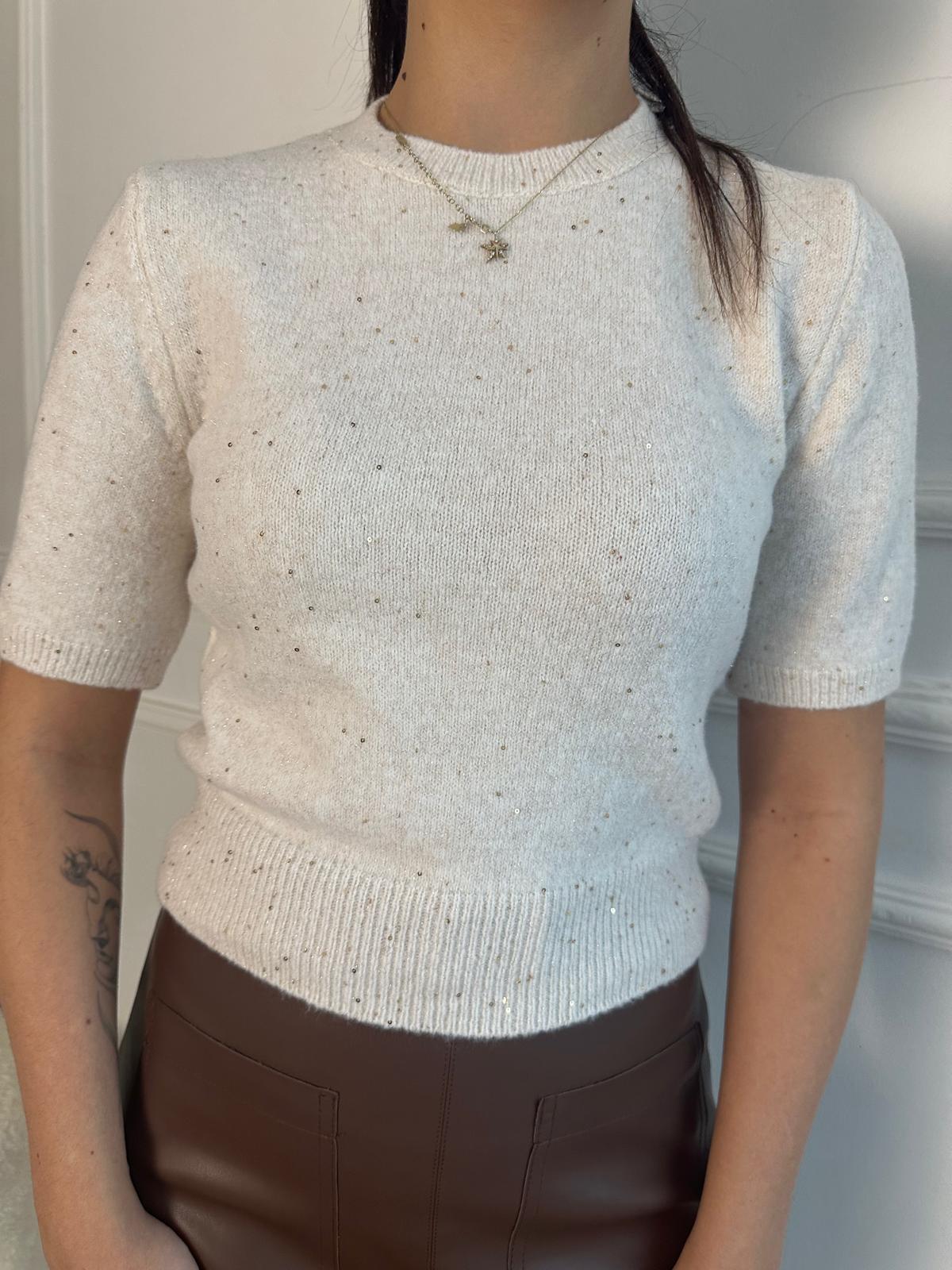 Bisiklet Yaka Pullu Simli Triko Kazak Krem