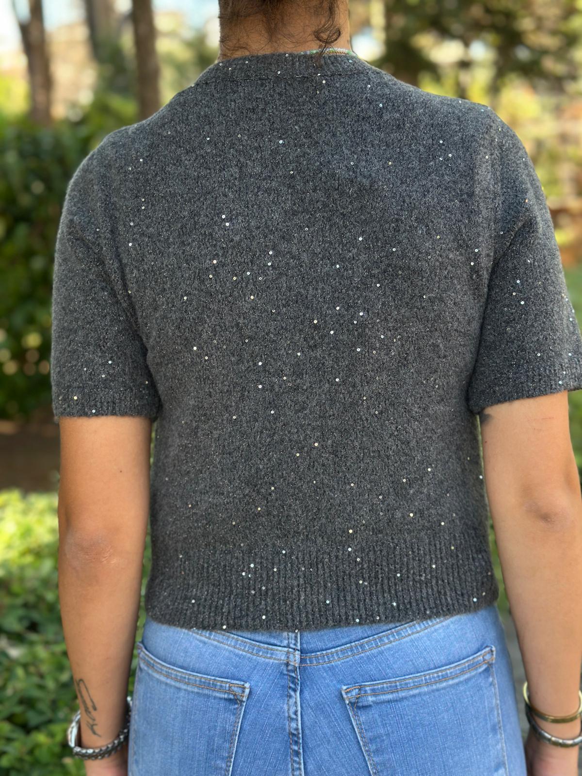 Bisiklet Yaka Pullu Simli Triko Kazak 10703 Füme