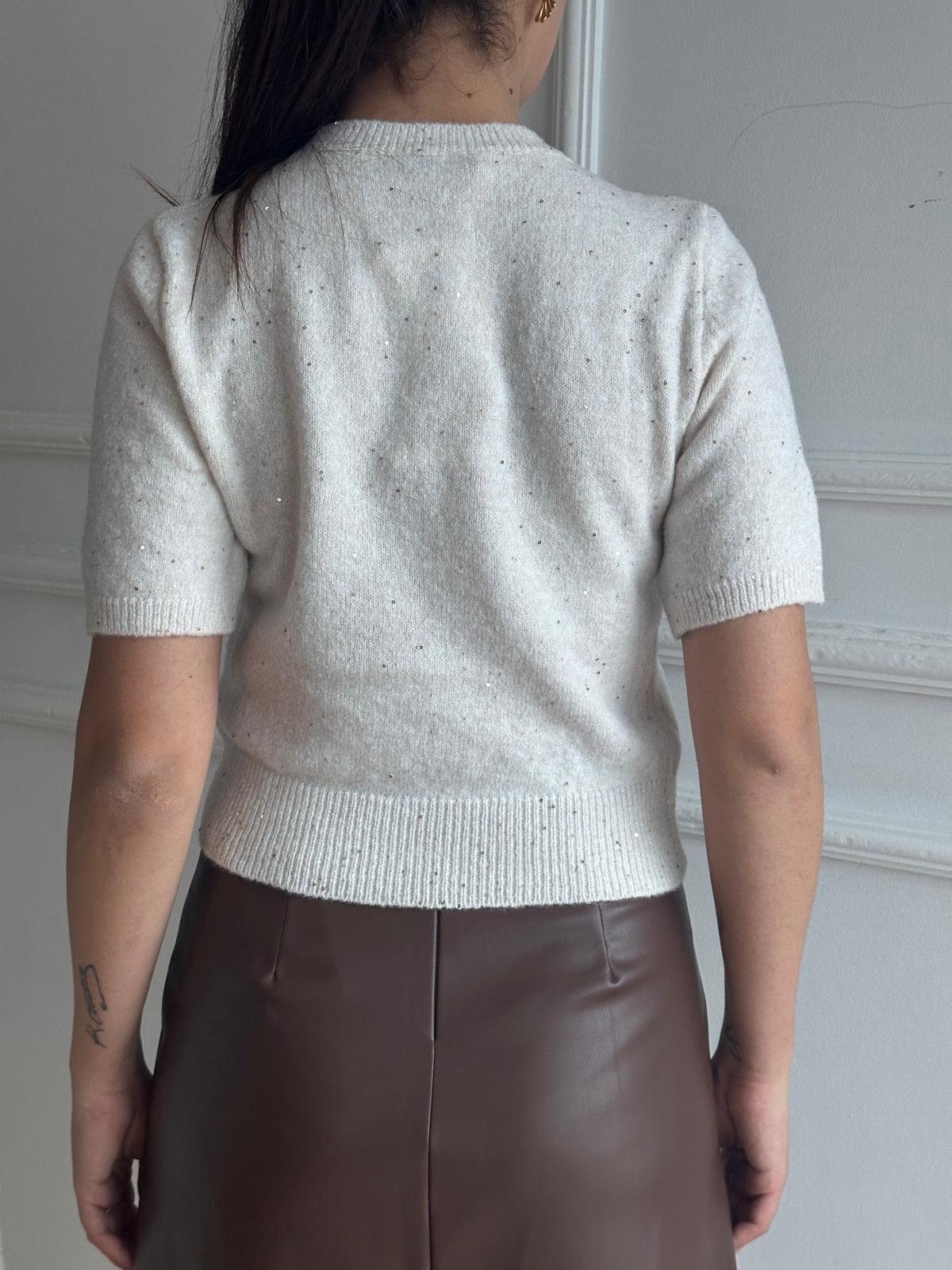 Bisiklet Yaka Pullu Simli Triko Kazak Krem